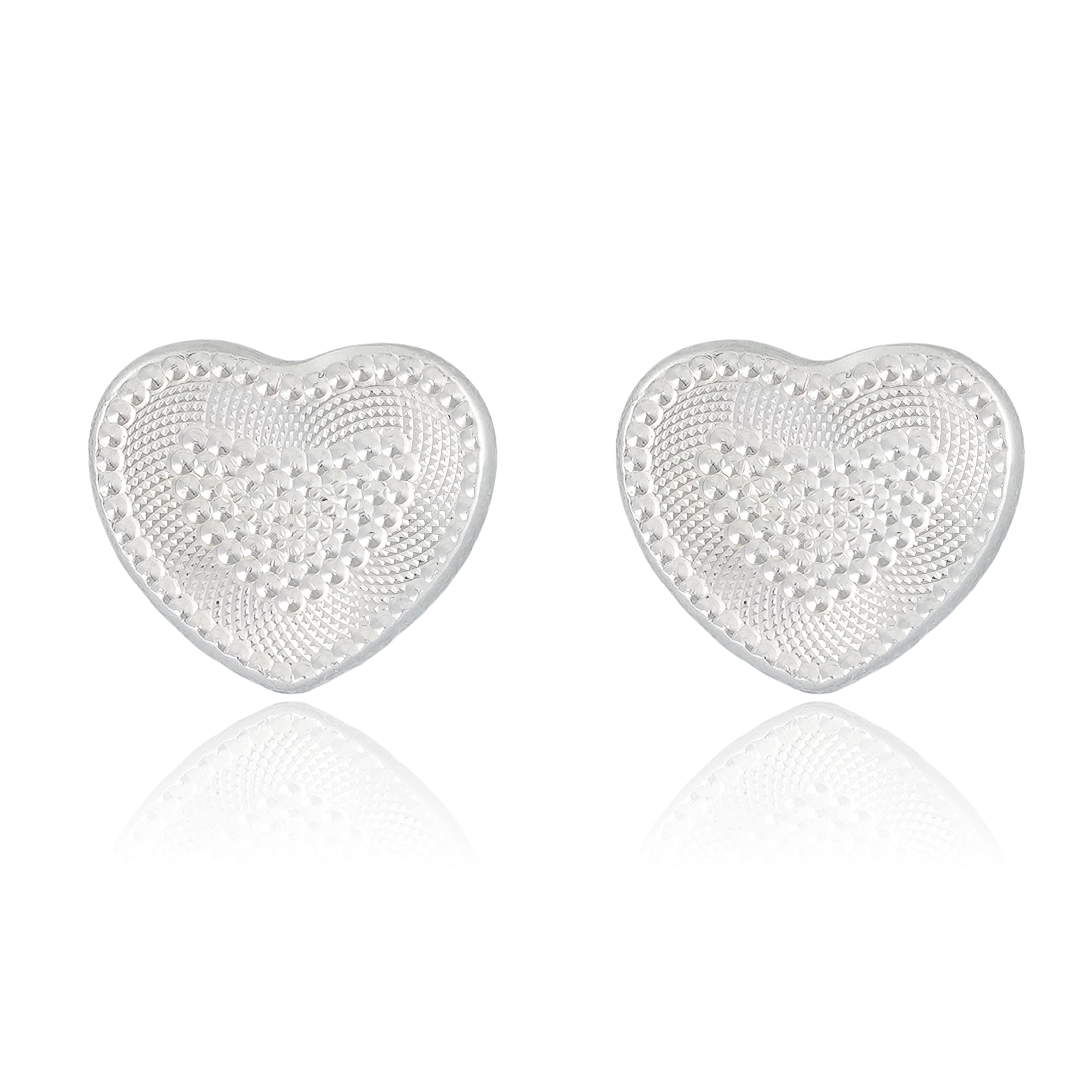 Close-up view of sterling silver heart-shaped stud earrings with a lace-inspired textured surface, handcrafted for elegance.