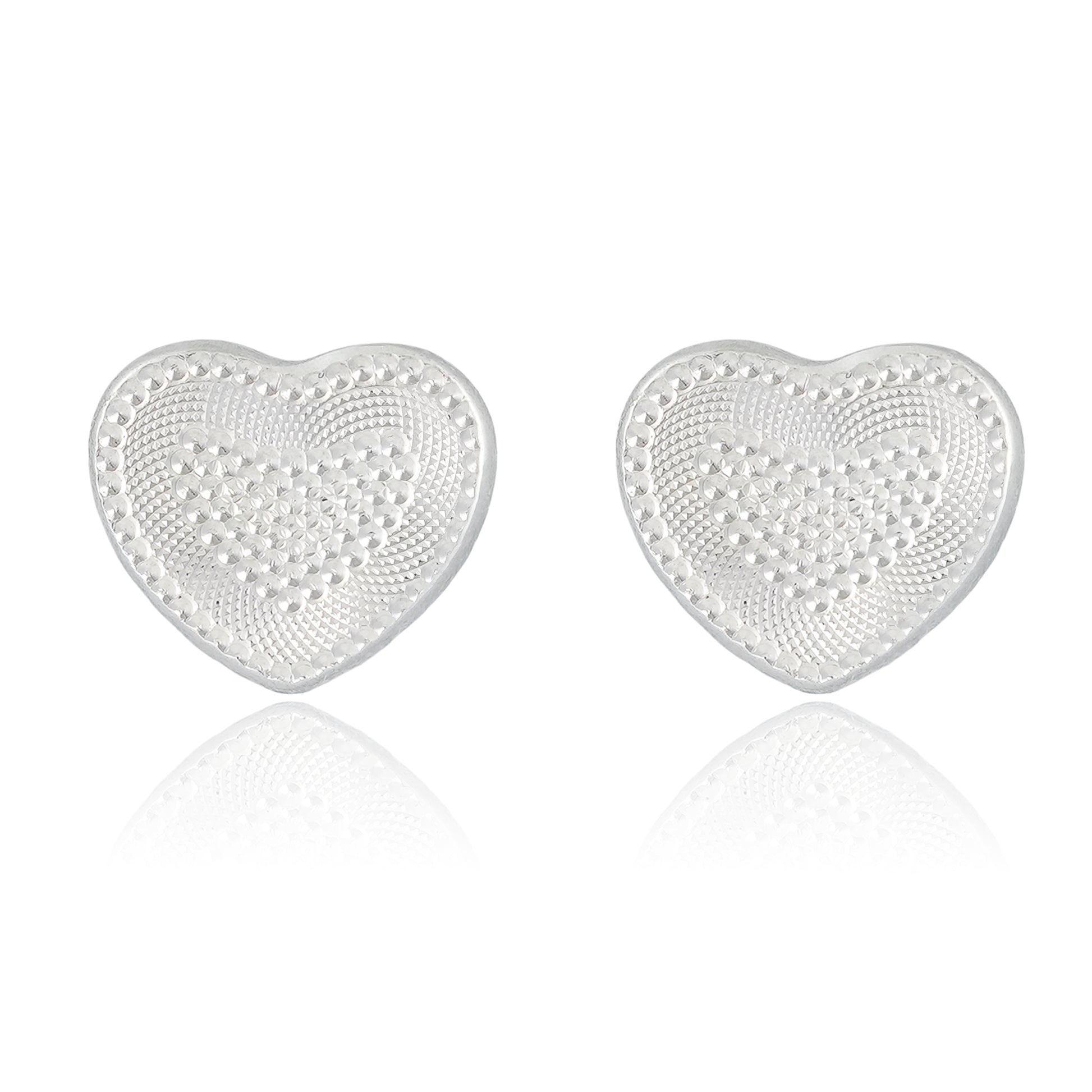 Close-up view of sterling silver heart-shaped stud earrings with a lace-inspired textured surface, handcrafted for elegance.
