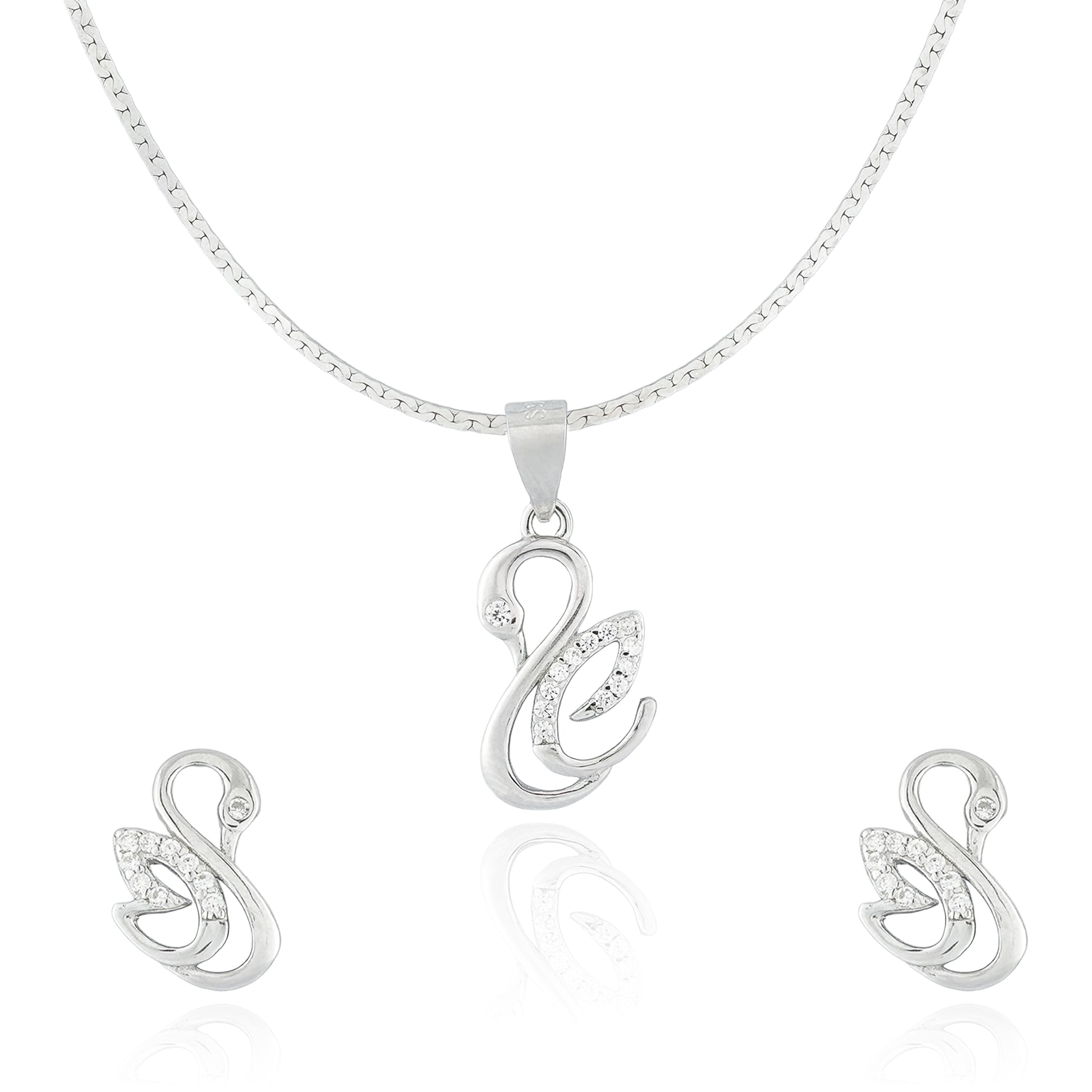 Close-up of the Swan Whisper Necklace featuring a gracefully curved swan motif with shimmering cubic zirconia accents, crafted in polished 925 sterling silver.