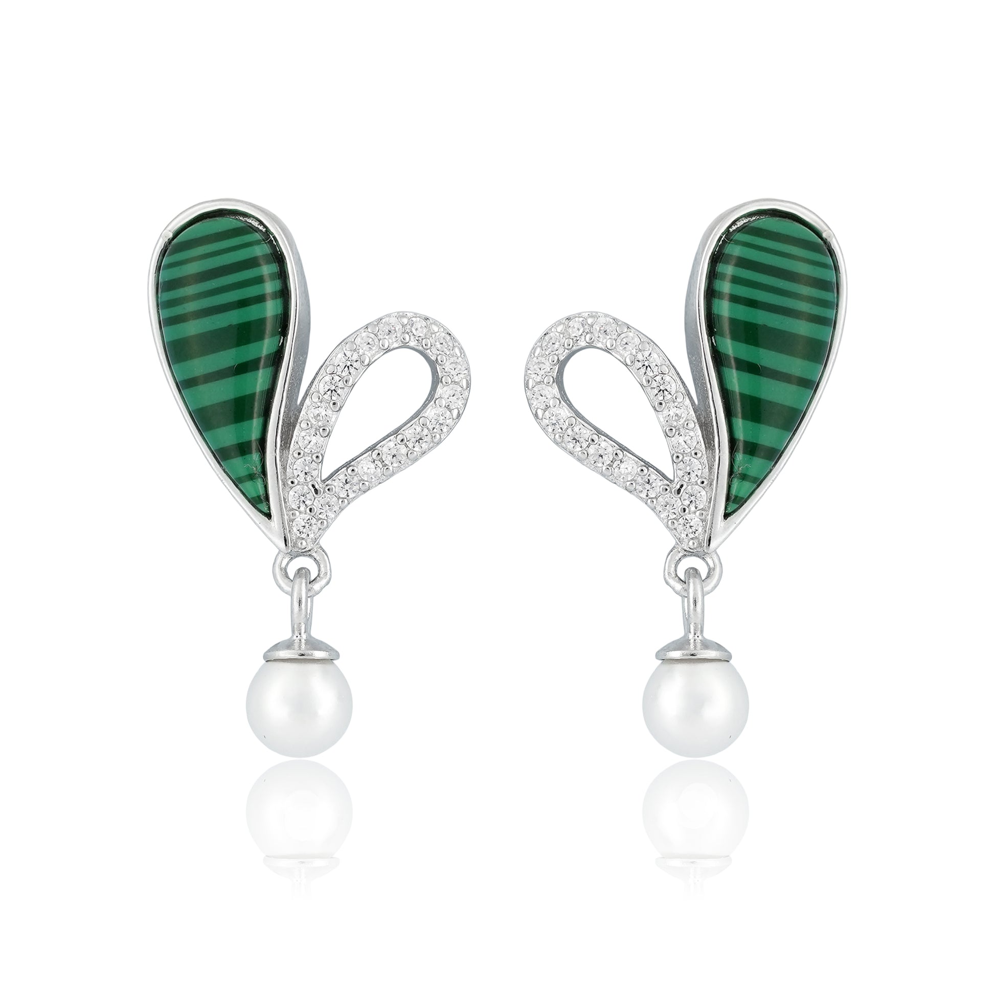 Teardrop malachite earrings with pearl drop and cubic accents in silver, displayed on a minimal background.