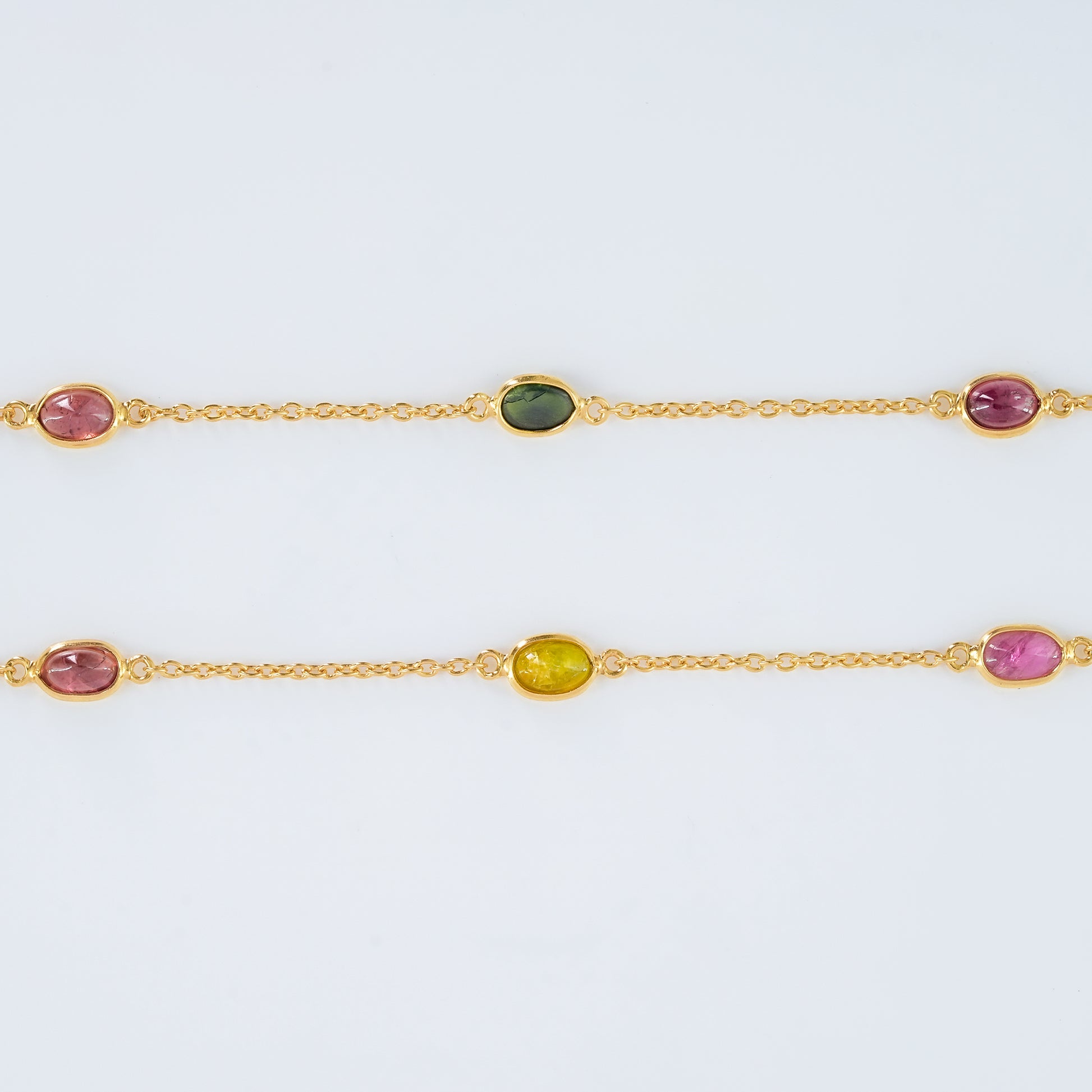 The Tourmaline Spectrum Chain - Pink Rubellite Olive Verdelite Cabochon 18kt Gold Plated Sterling Silver