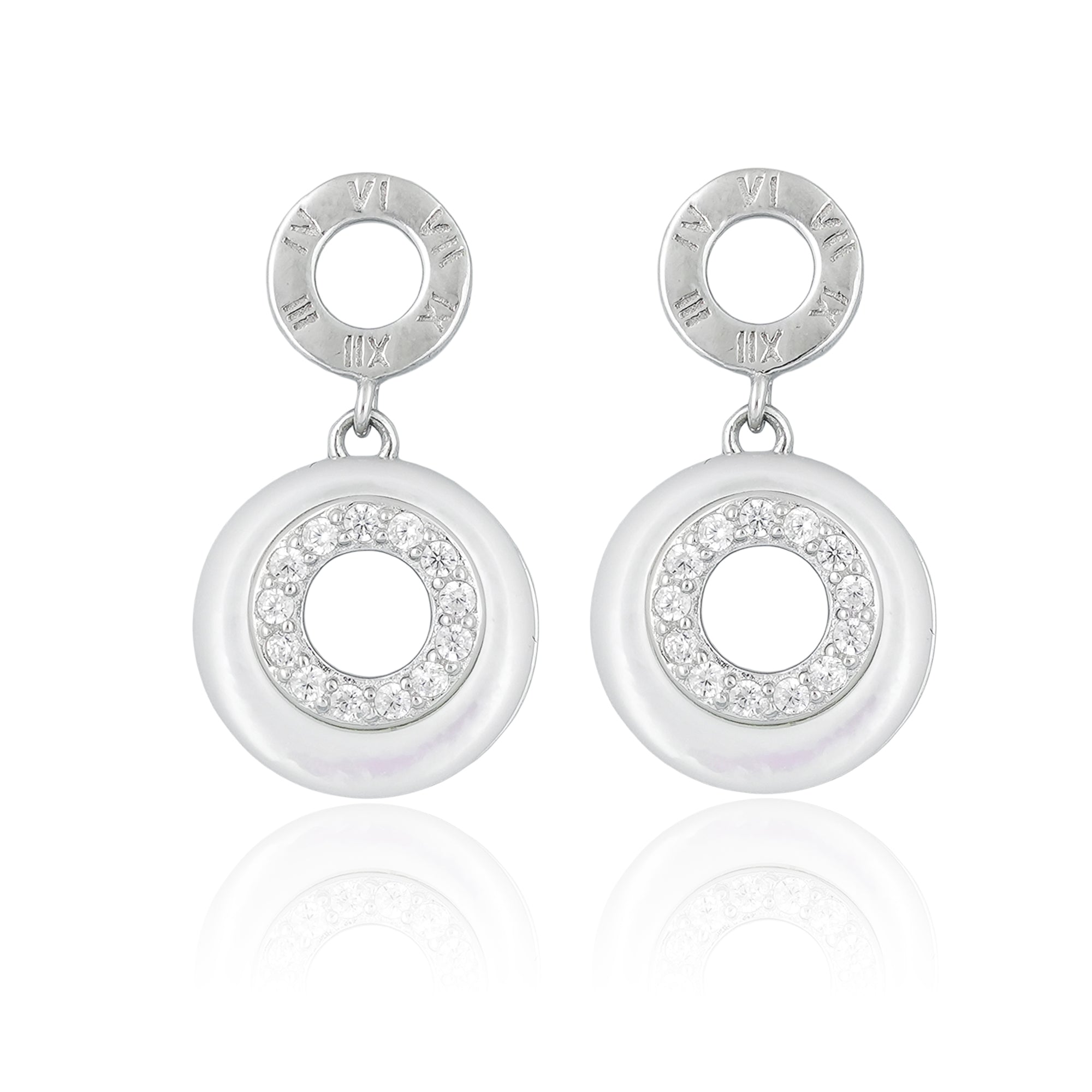 Front view of sterling silver drop earrings featuring Roman numeral engraving, cubic zirconia accents, and mother-of-pearl detailing.