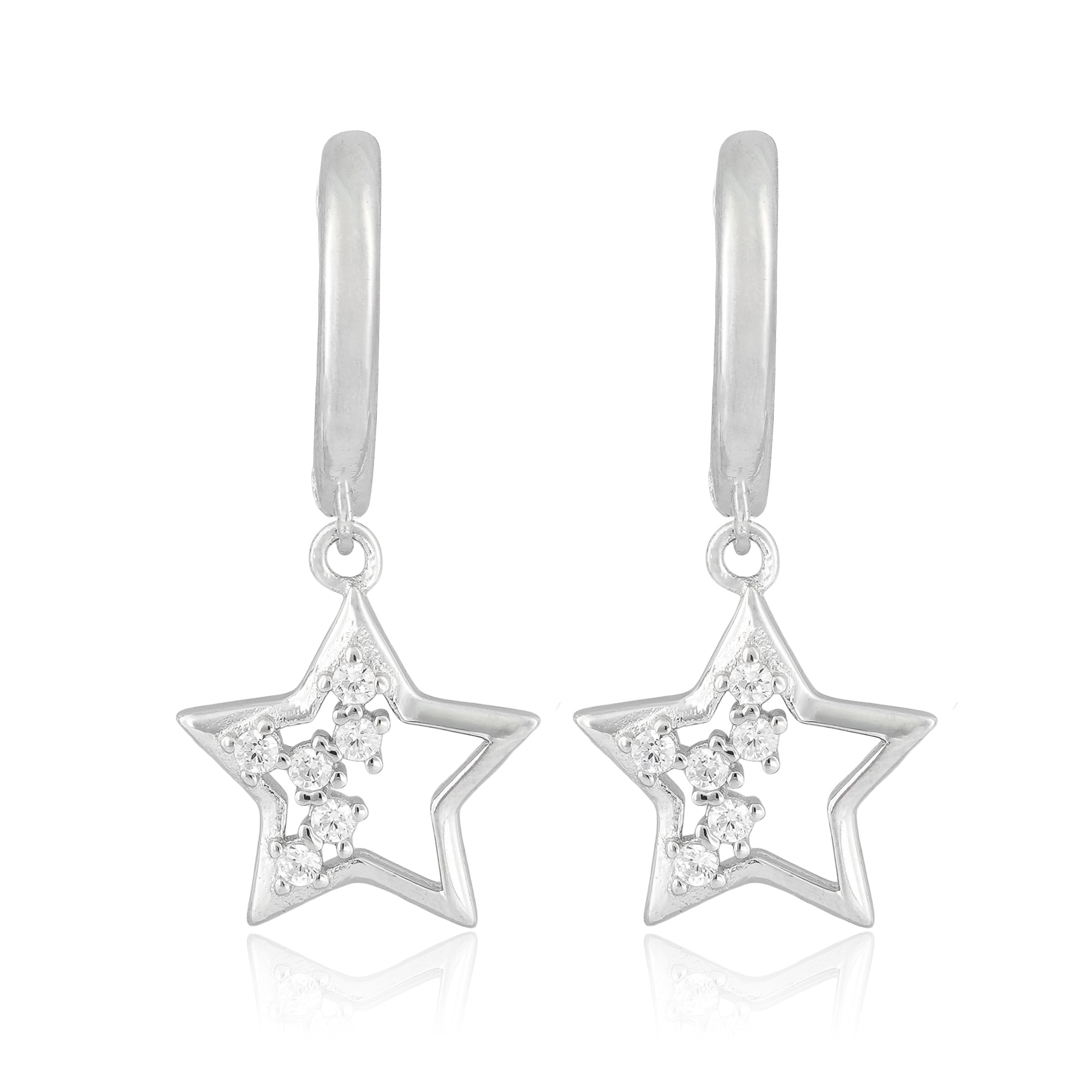 Close-up of Twilight Charm Hoop Earrings featuring a polished silver hoop with a dangling open star charm studded with sparkling crystals.