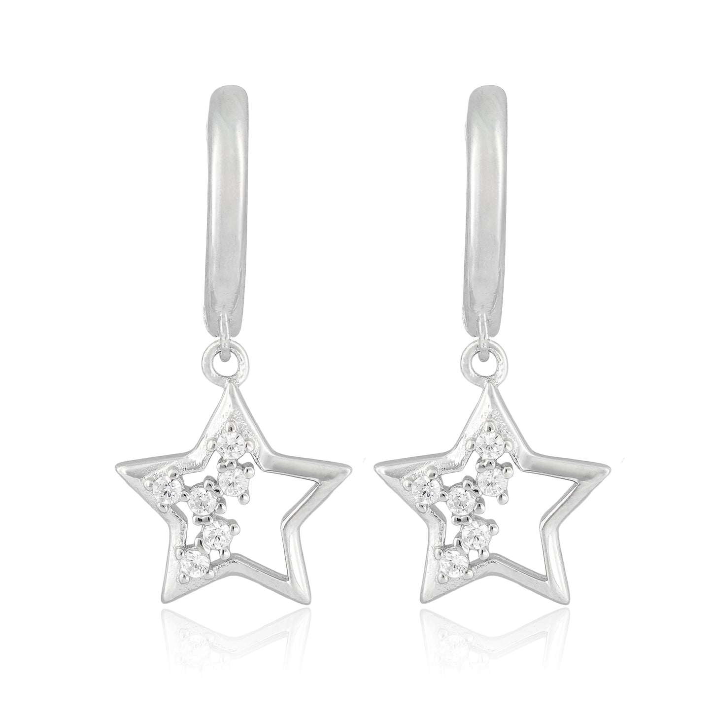 Close-up of Twilight Charm Hoop Earrings featuring a polished silver hoop with a dangling open star charm studded with sparkling crystals.