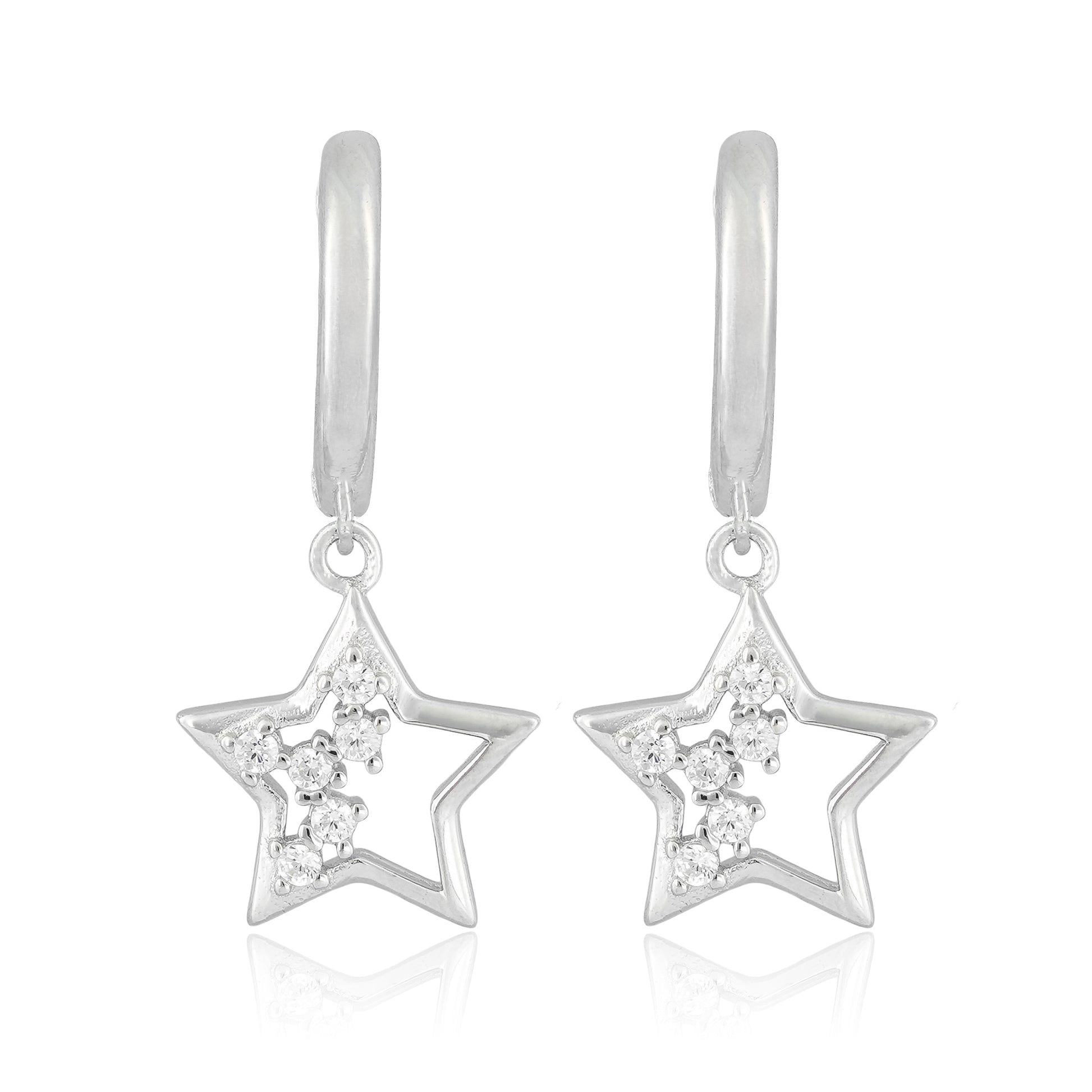 Close-up of Twilight Charm Hoop Earrings featuring a polished silver hoop with a dangling open star charm studded with sparkling crystals.
