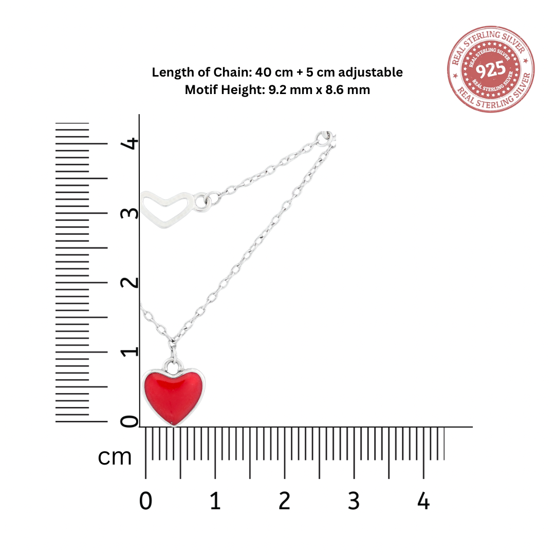 Size reference chart showing chain length and pendant dimensions for the hearts in harmony Necklace in sterling silver.