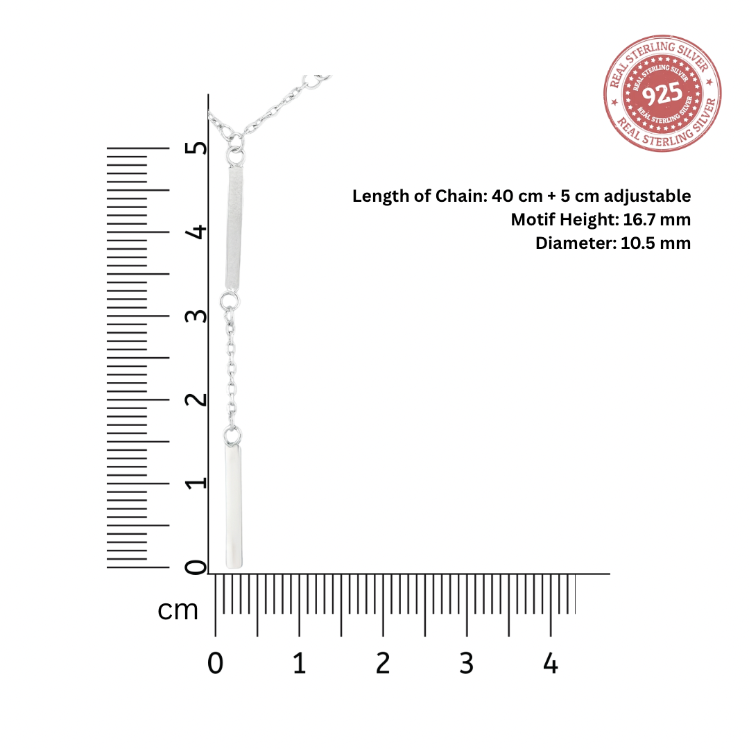 : Size reference chart showing chain length and pendant dimensions for the linear drop Necklace in sterling silver.