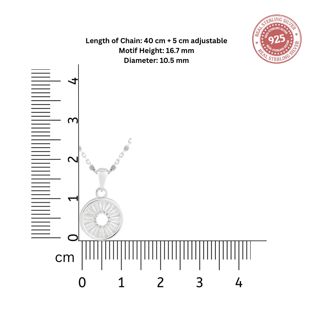 : Size reference chart showing chain length and pendant dimensions for the moonveil  circle pendant  Necklace in sterling silver.
