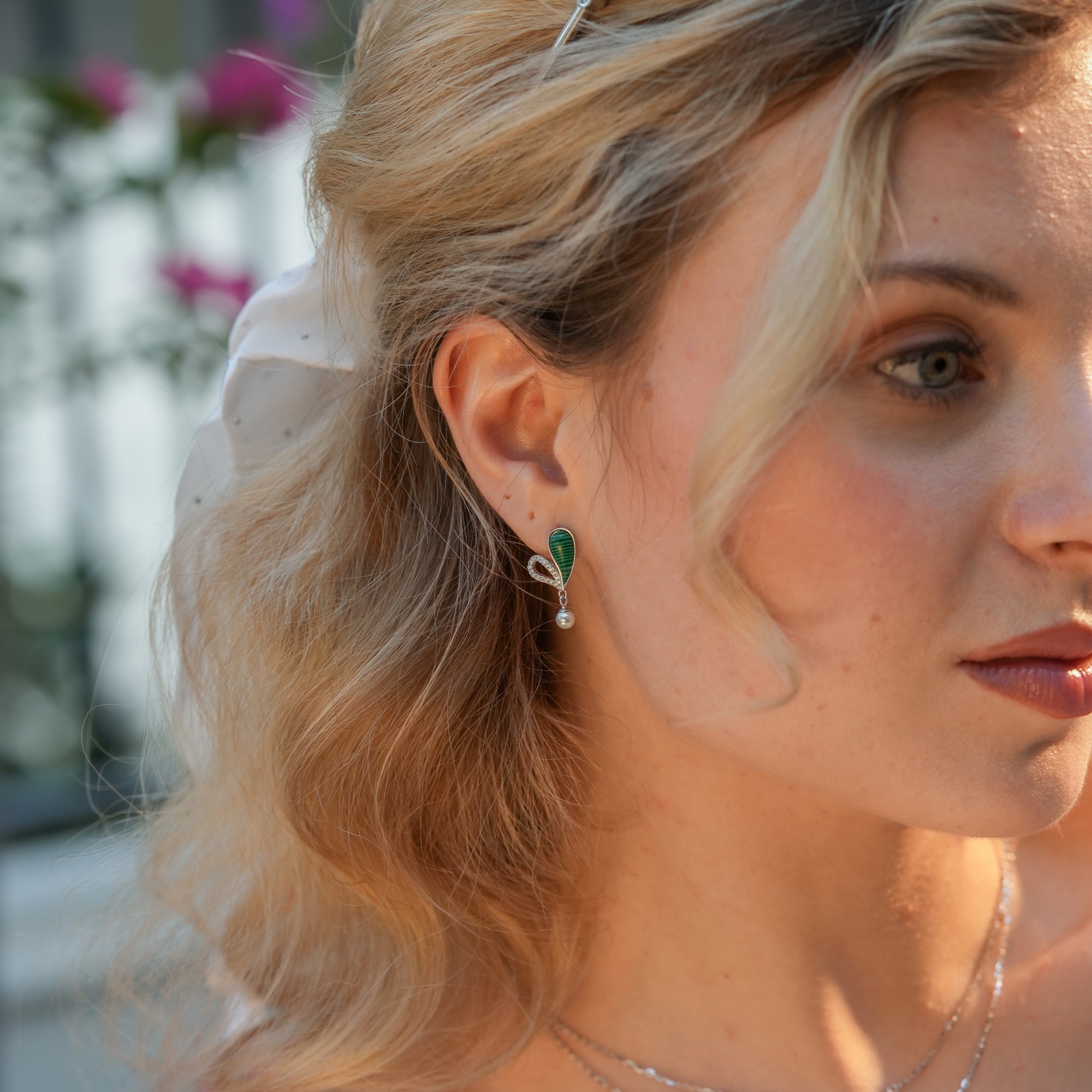 Teardrop Malachite Earrings – 925 Sterling Silver Green Stone & Pearl Drop Earrings