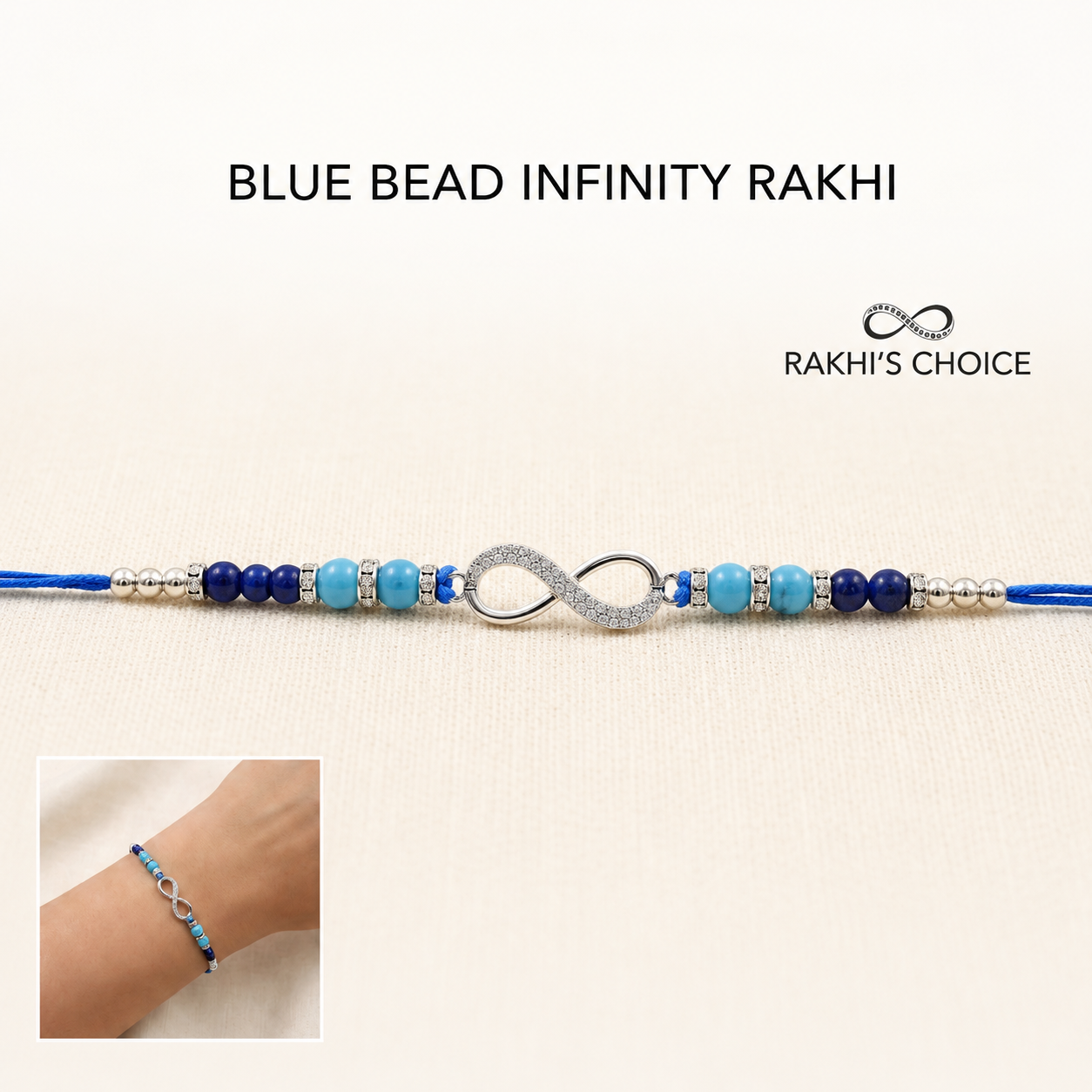 Blue Bead Infinity Pure 925 Sterling Silver Rakhi