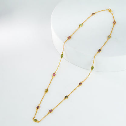 The Tourmaline Spectrum Chain - Pink Rubellite Olive Verdelite Cabochon 18kt Gold Plated Sterling Silver