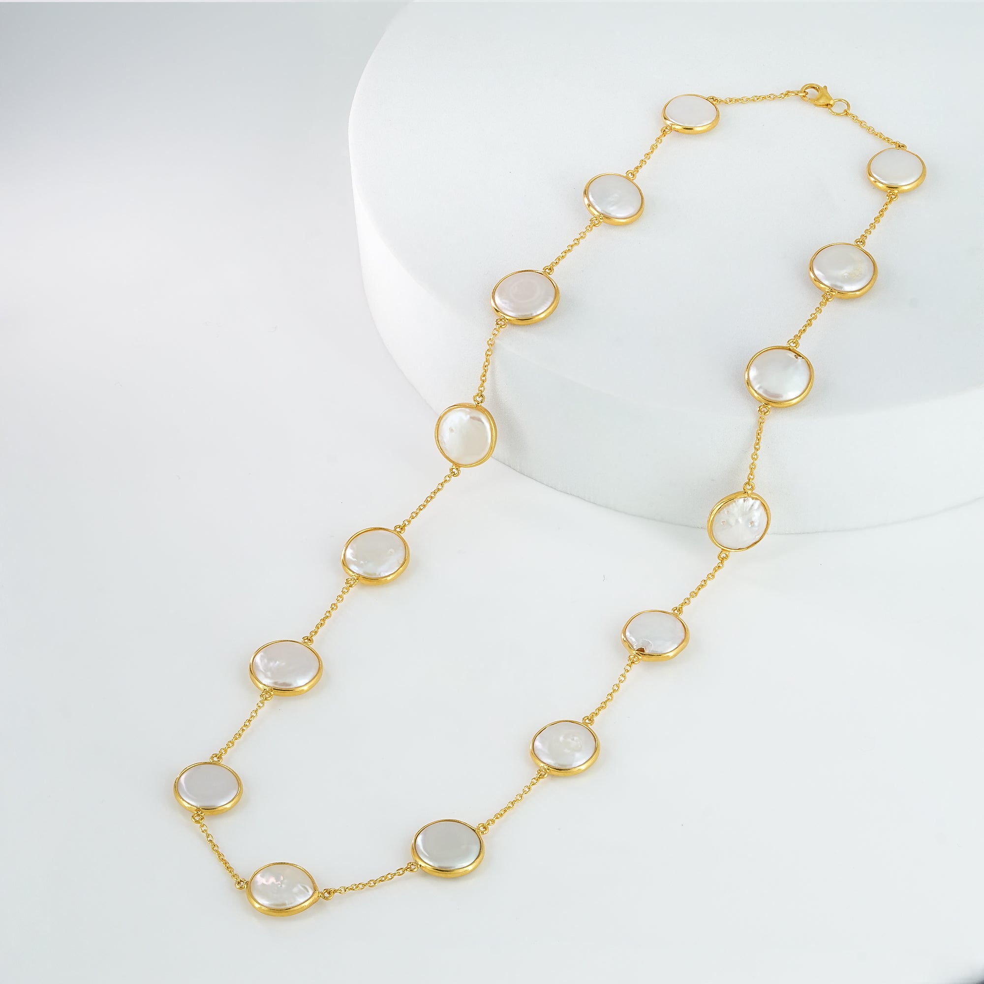 Luxe Freshwater Button Pearl Necklace – Empress Statement Chain Online Shopping – Gold Plated Sterling Silve