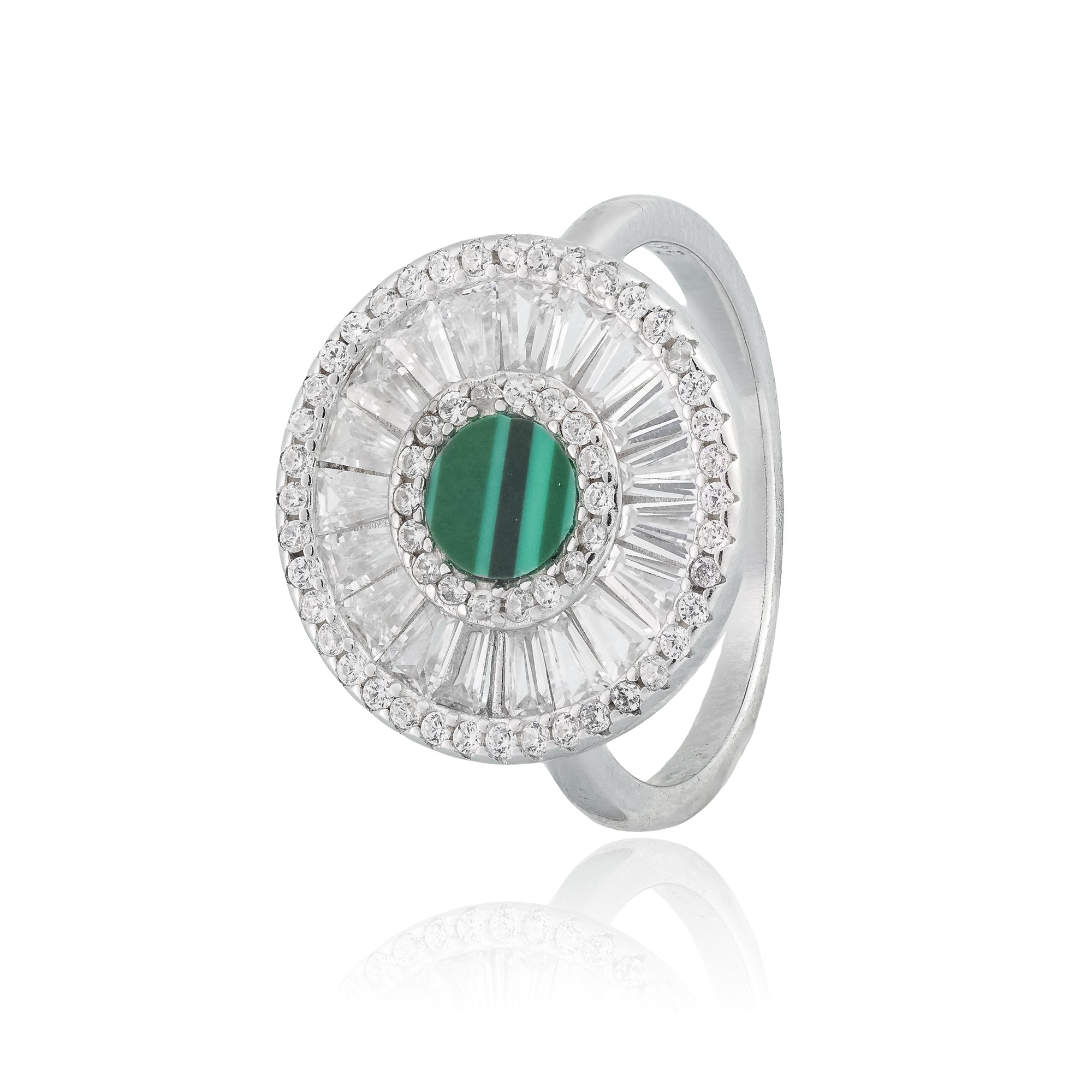 Silver ring with green gemstone and surrounded by a halo of baguette and round-cut crystals