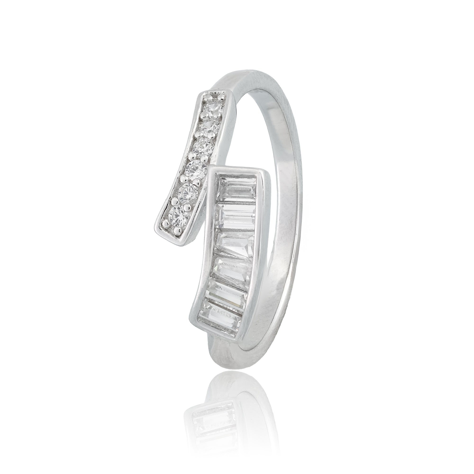 Sculpted Crystal Bypass Silver ring with diamond accents 