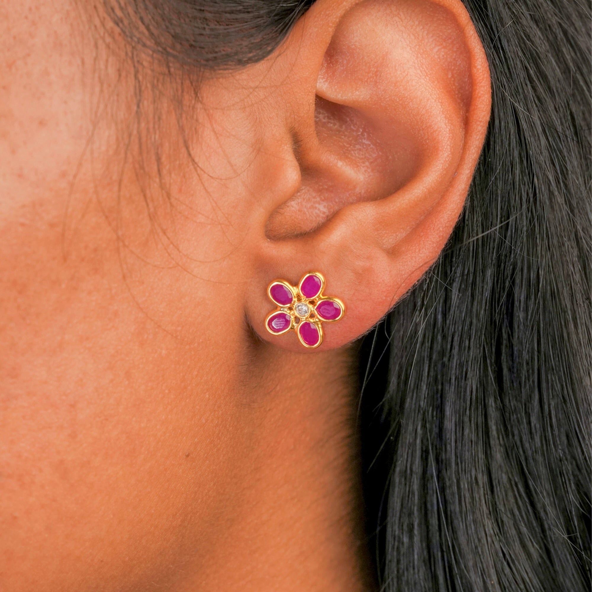 Floral Ruby Stud Earrings with CZ Center in Gold Plated 925 Silver by IHA Fine Jewellery Collection Shop