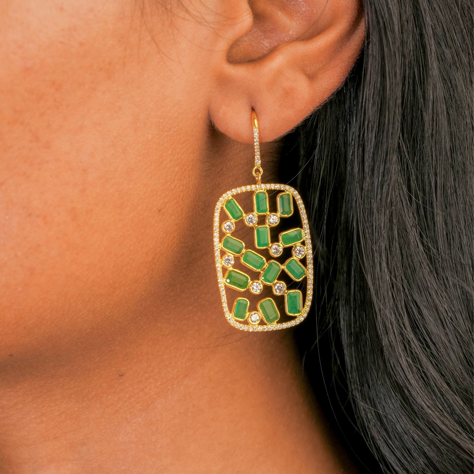 Natural Emerald Mosaic Drops in sterling silver, 18kt gold plated