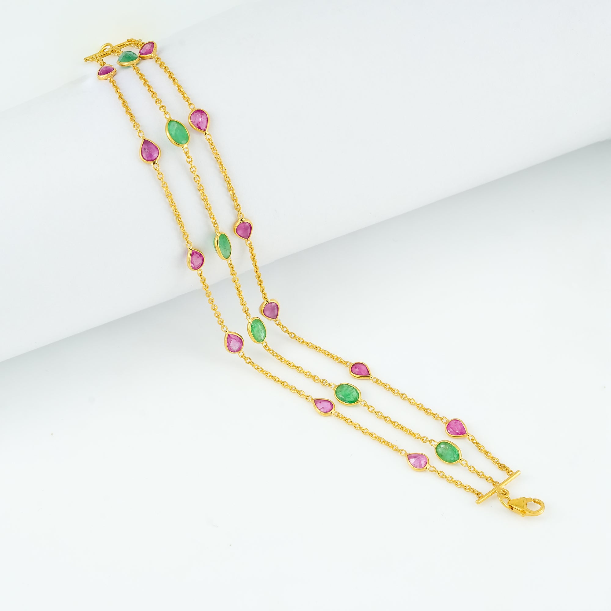 The Royal Trinity Layered Bracelet - Ruby Emerald Three Layer Natural Gemstone 18kt Gold Plated Sterling Silver