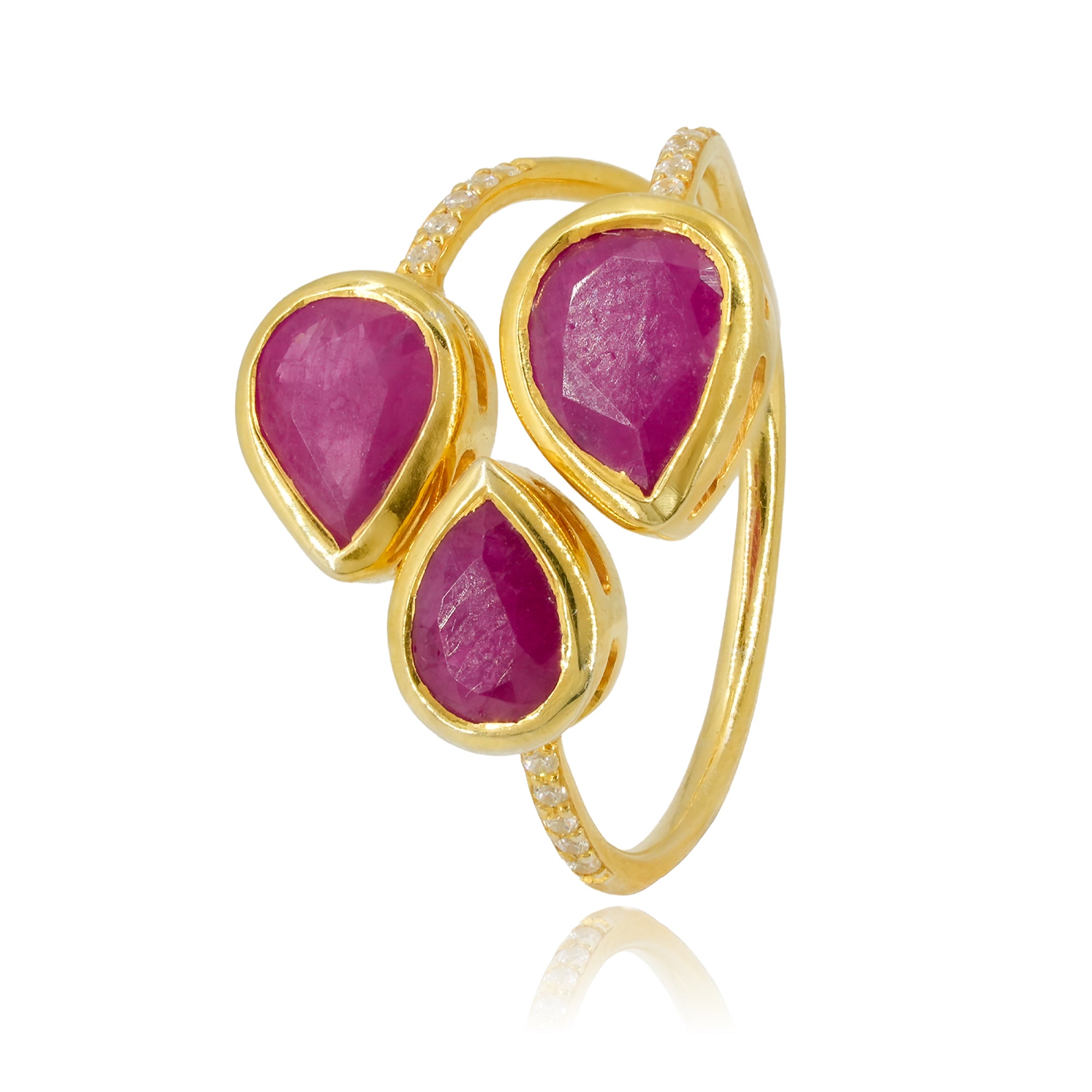 IHA Fine Jewellery Ruby Adjustable Ring Three Pear Cut Rubies CZ Accents Collection Shop