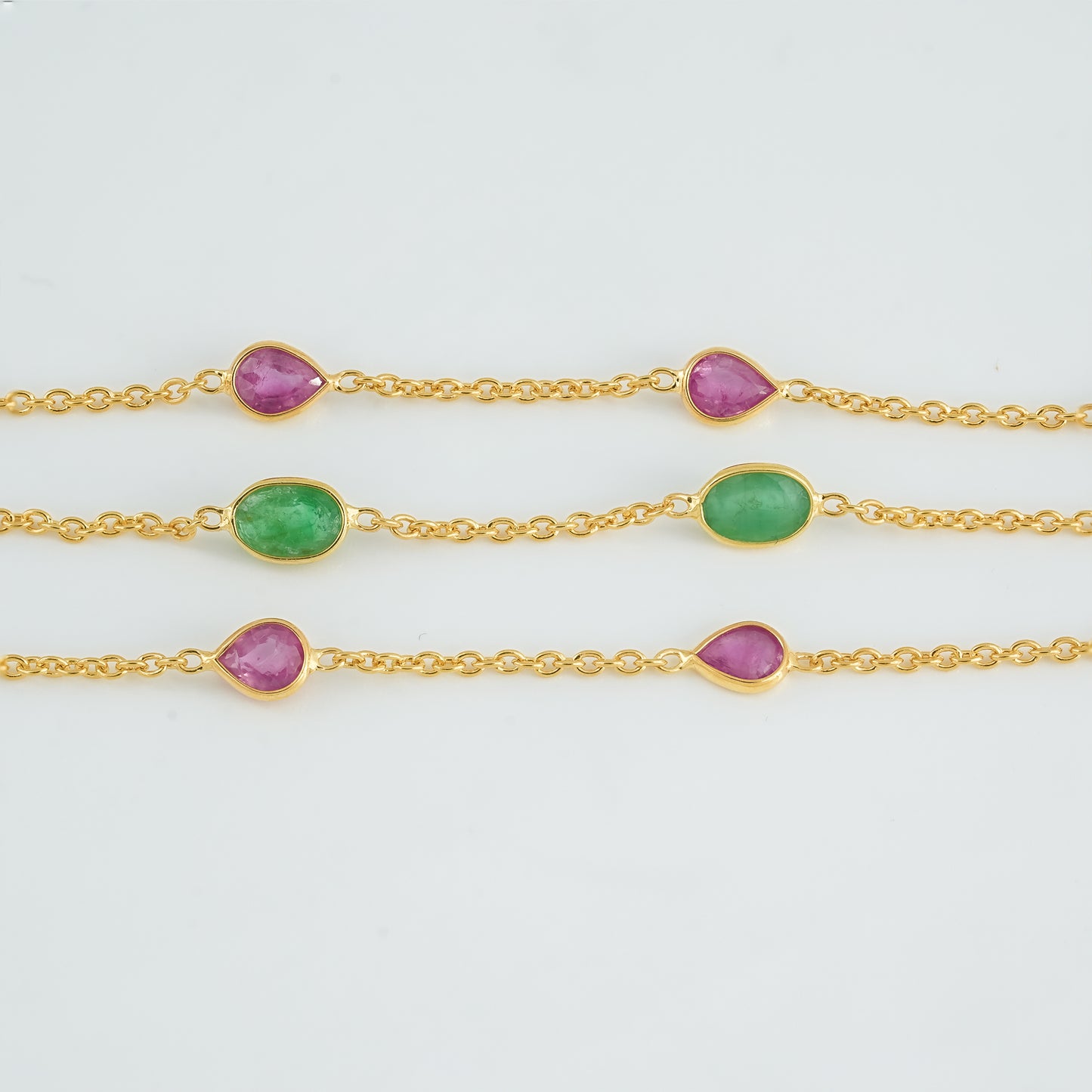 The Royal Trinity Layered Bracelet - Ruby Emerald Three Layer Natural Gemstone 18kt Gold Plated Sterling Silver