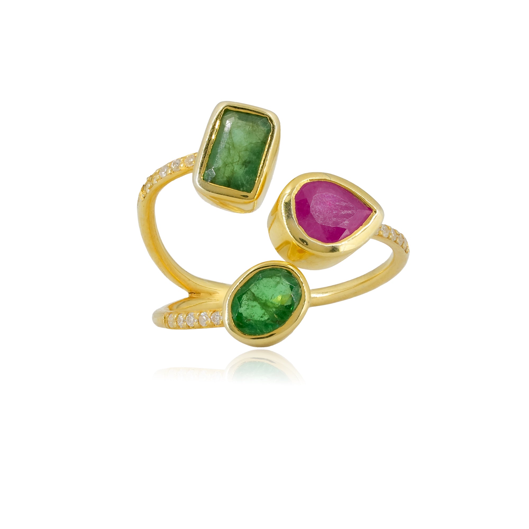 Emerald & Ruby Trio Adjustable Ring with CZ Detailing in 18K Gold-Plated 925 Silver