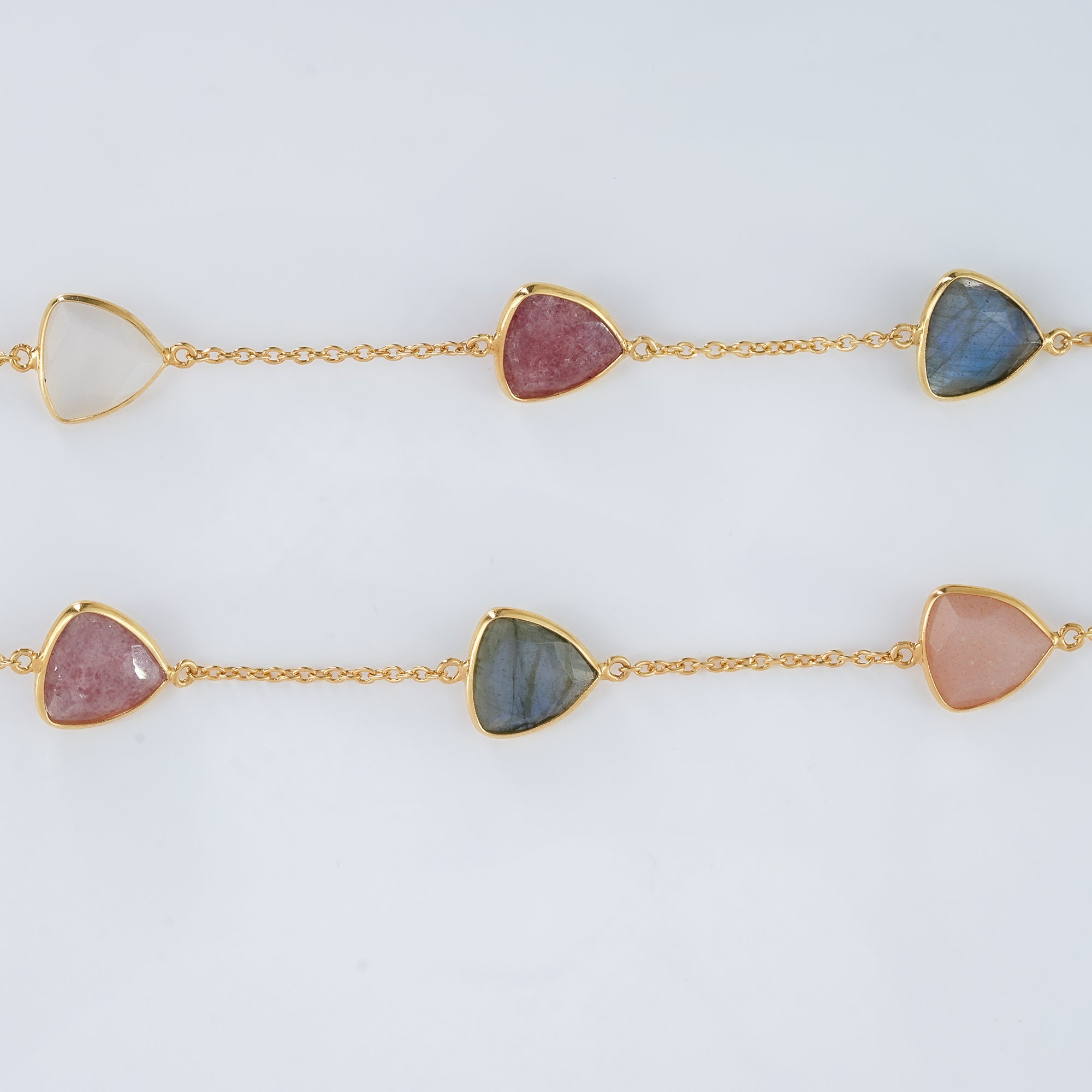 The Celestial Quartet Necklace - Strawberry Quartz Moonstone Labradorite Trillion Cut 18kt Gold Plated Sterling Silver