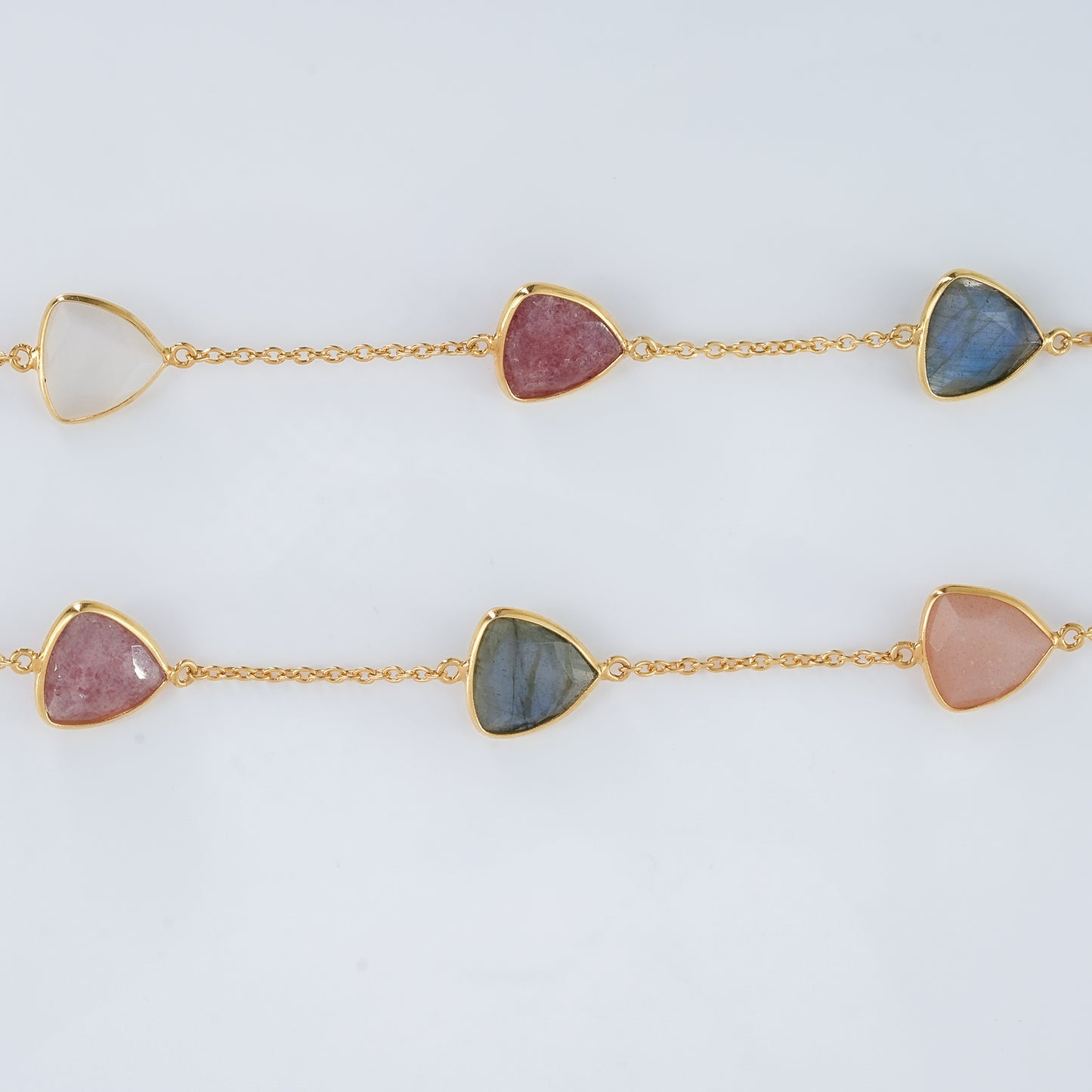 The Celestial Quartet Necklace - Strawberry Quartz Moonstone Labradorite Trillion Cut 18kt Gold Plated Sterling Silver