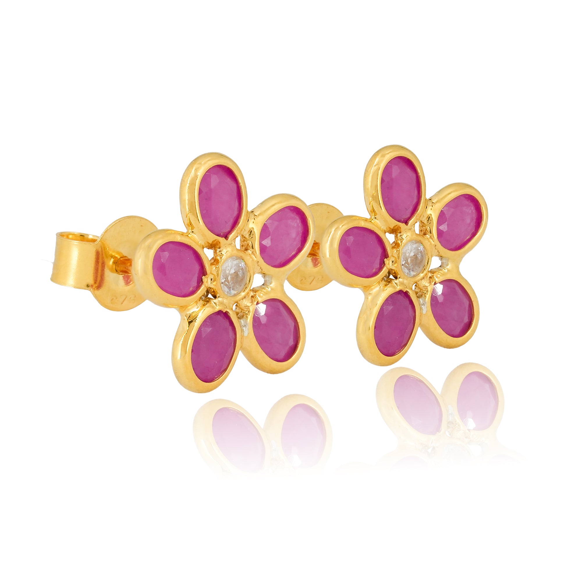 Floral Ruby Stud Earrings with CZ Center in Gold Plated 925 Silver by IHA Fine Jewellery Collection Shop
