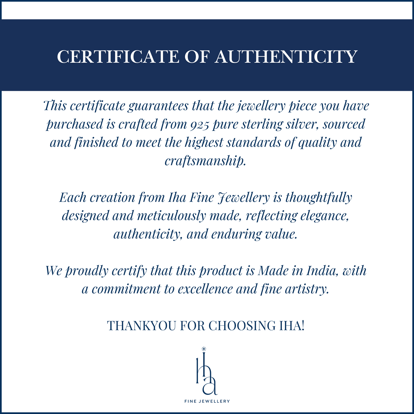 925 sterling silver authenticity certificate provided by IHA Fine Jewellery for hallmark quality assurance

