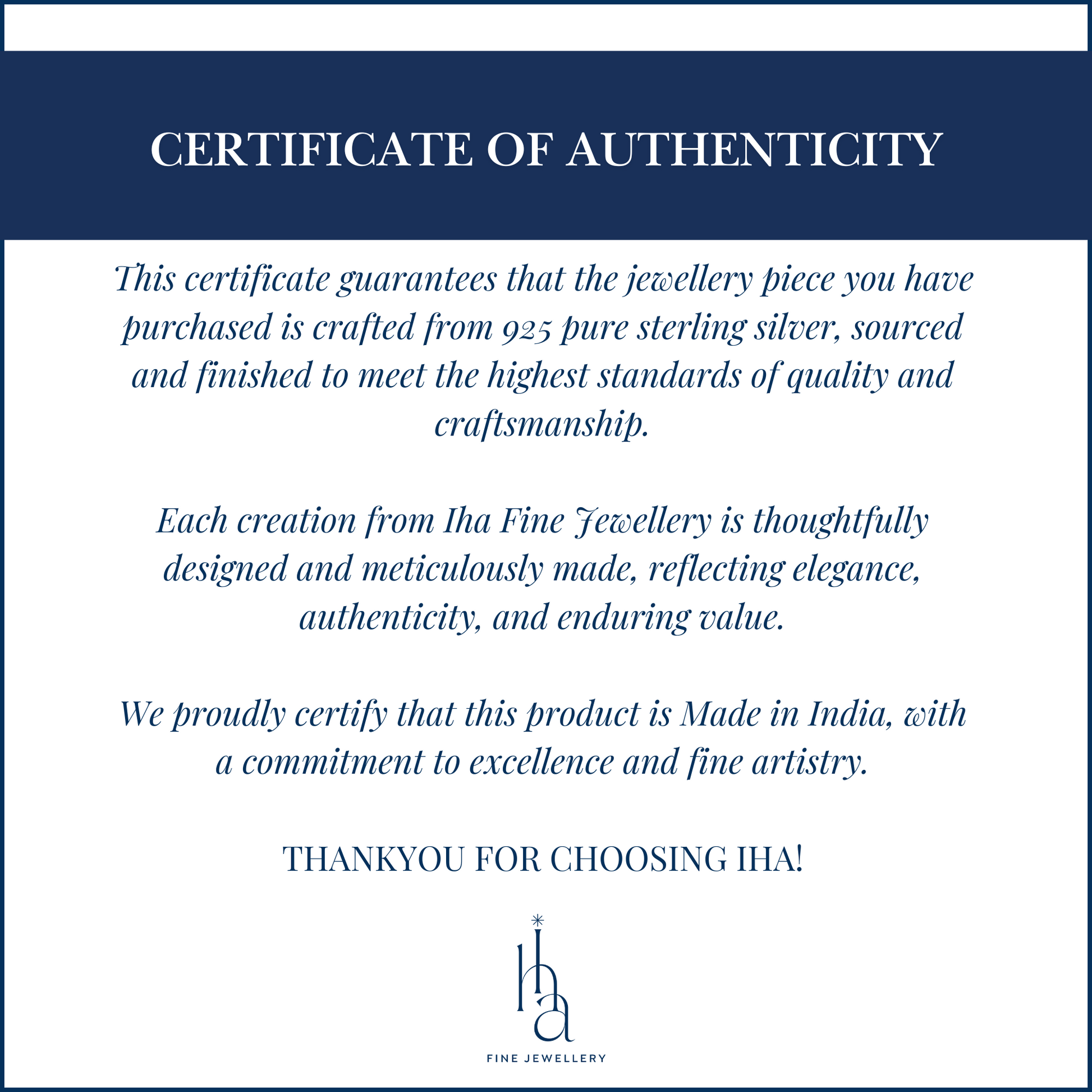 925 sterling silver authenticity certificate provided by IHA Fine Jewellery for hallmark quality assurance

