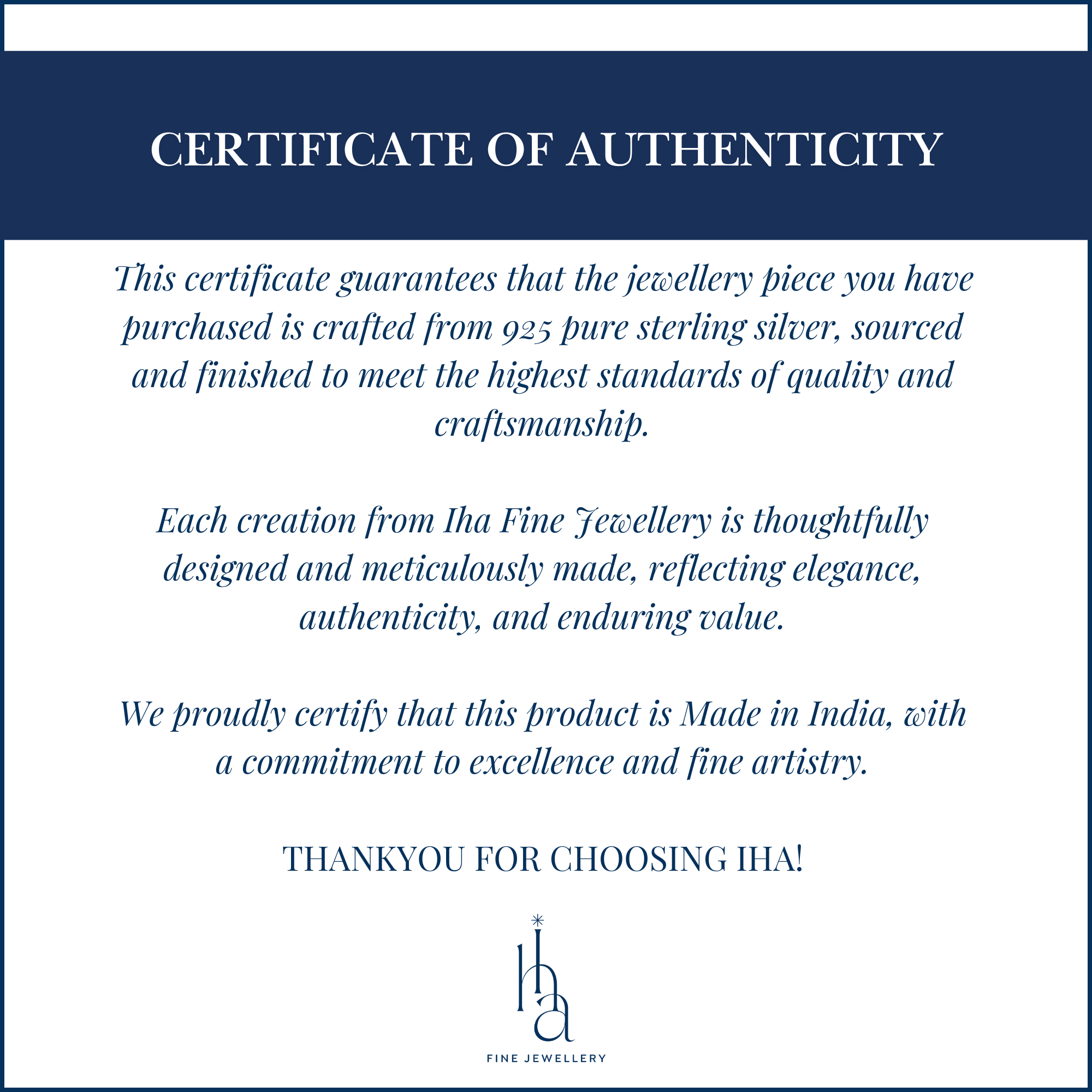925 sterling silver authenticity certificate provided by IHA Fine Jewellery for hallmark quality assurance

