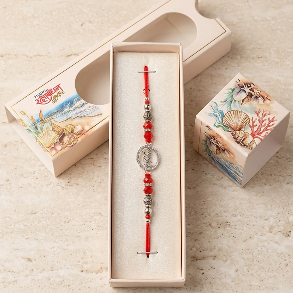 925 Silver Bhai Rakhi – Red Beads