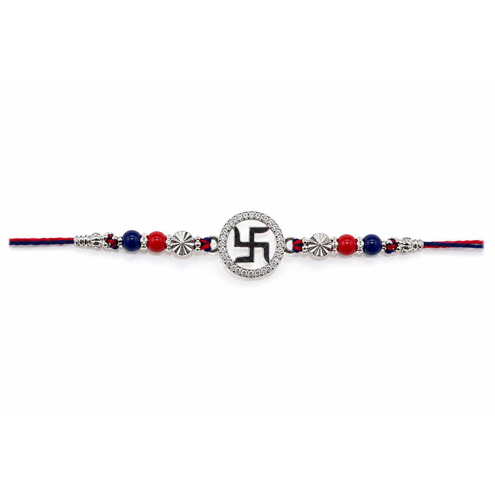 925 Silver Swastik Rakhi – Red & Blue Beads
