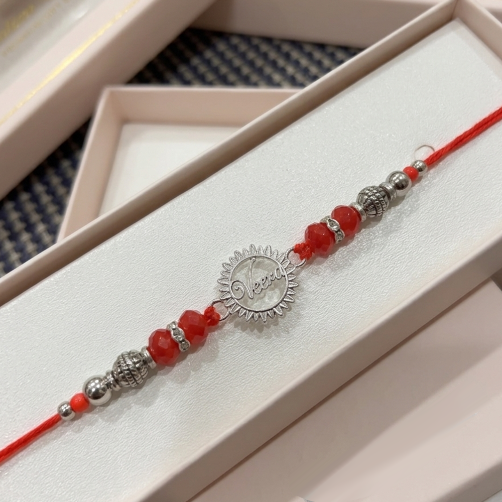 925 Silver Veera Rakhi – Red Beads