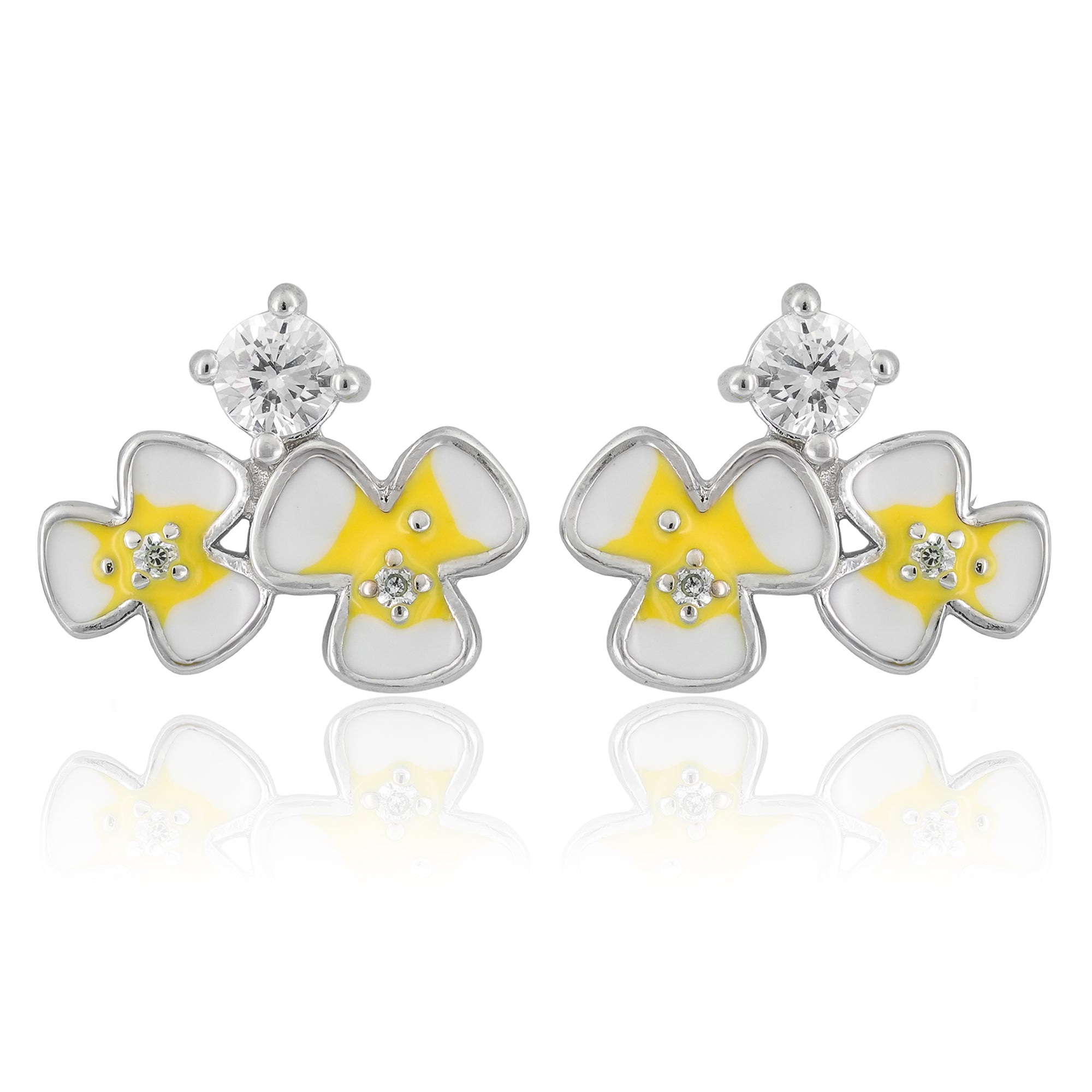  Silver-tone stud earrings with yellowenamel petals and cubic zirconia center displayed on a minimal background.