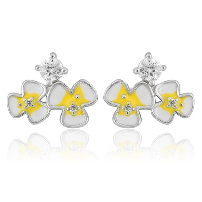  Silver-tone stud earrings with yellowenamel petals and cubic zirconia center displayed on a minimal background.