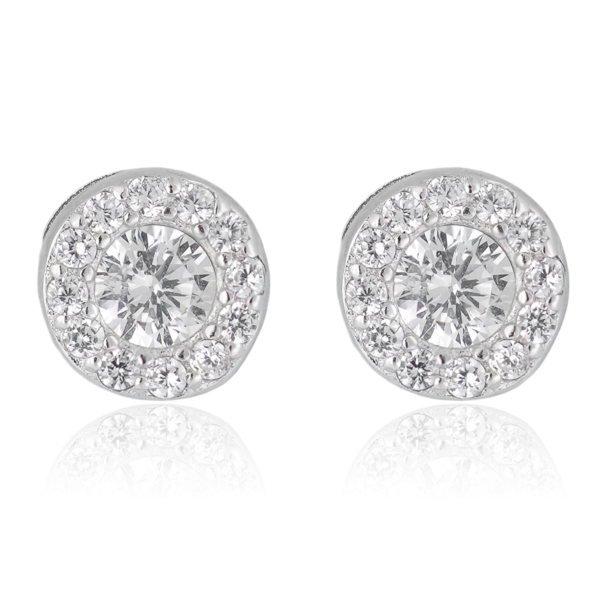 Close-up of the Celestia Halo Stud Earrings in sterling silver featuring a round-cut center stone surrounded by a crystal halo, displayed against a white background.