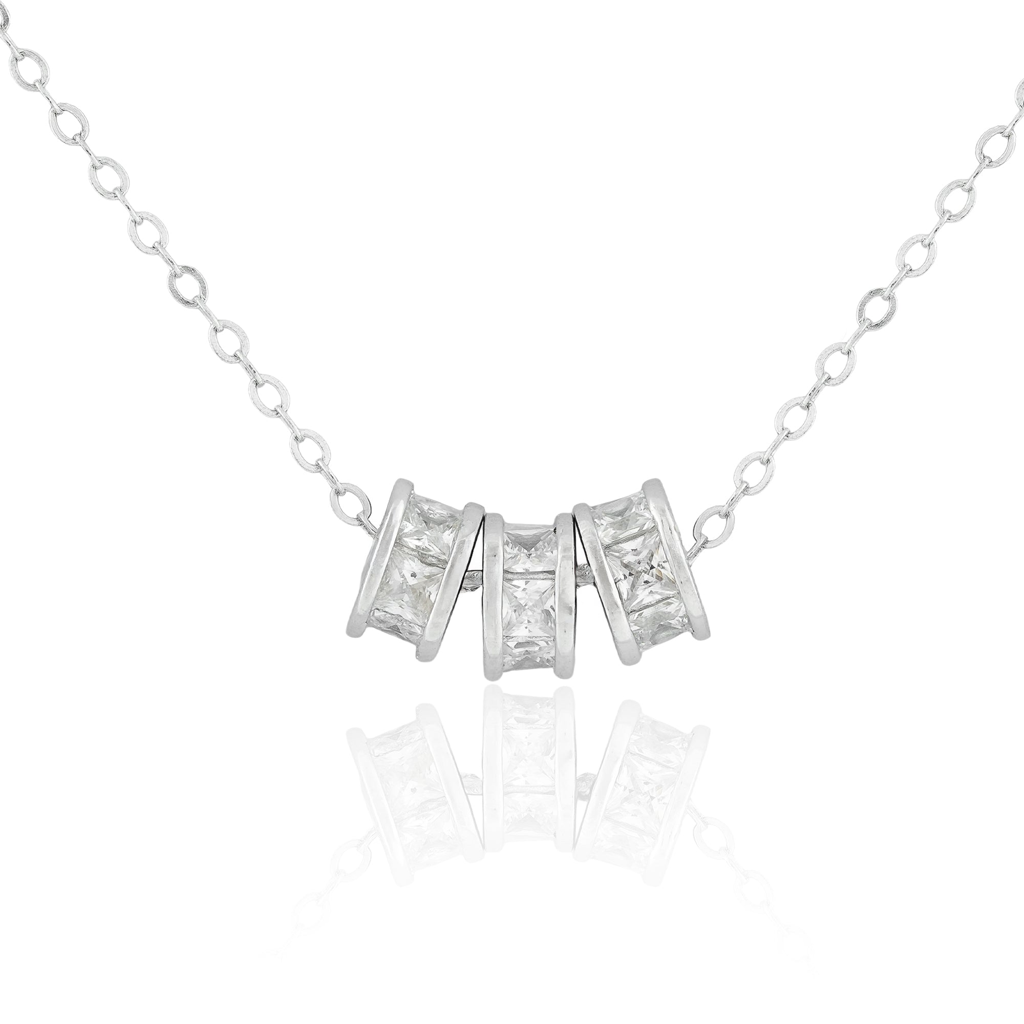 Sterling silver Crystal Axis Necklace featuring a bar pendant with five princess-cut cubic zirconia stones in a modern slanted frame.

