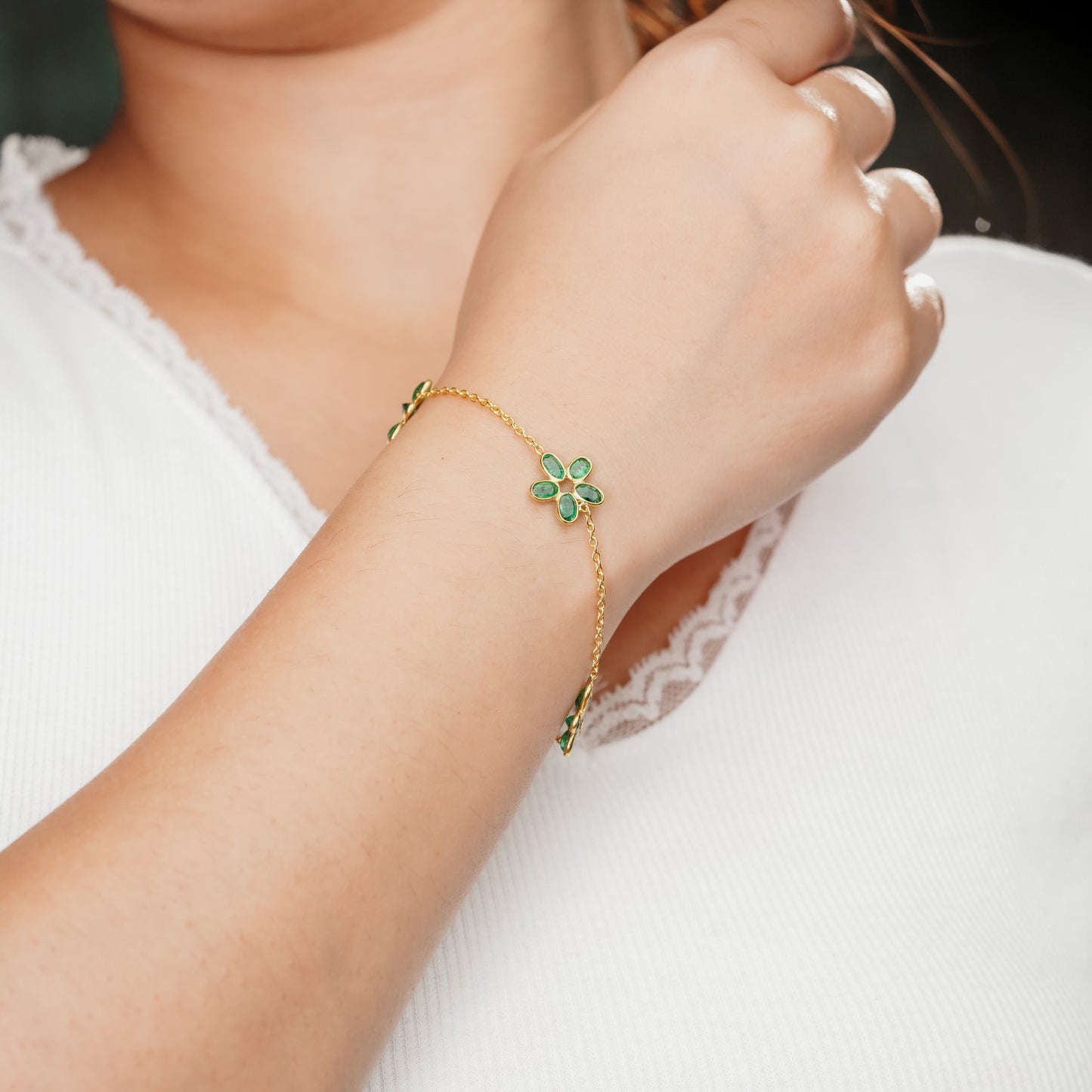 The Botanical Gardens Triple-Flower Emerald 18kt Gold Plated Sterling Silver Bracelet | Made to Order