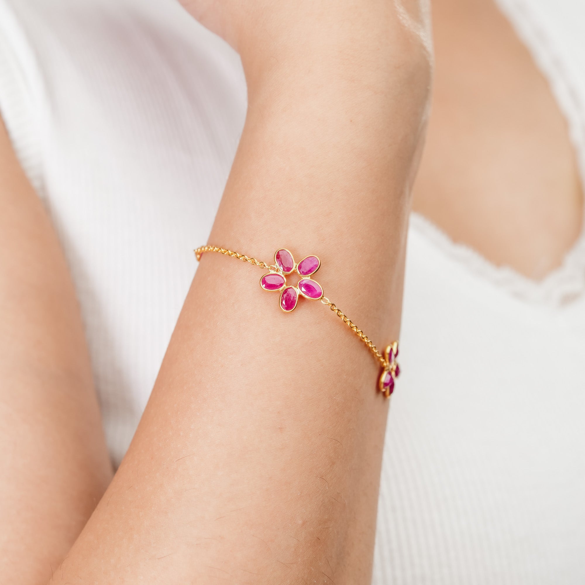 The Rose Gardens Triple-Flower Ruby 18kt Gold Plated Sterling Silver Bracelet| Made to Order