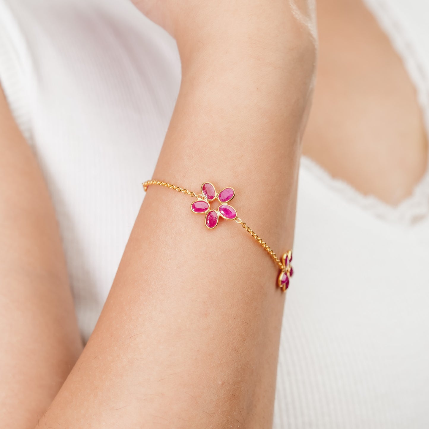 The Rose Gardens Triple-Flower Ruby 18kt Gold Plated Sterling Silver Bracelet| Made to Order