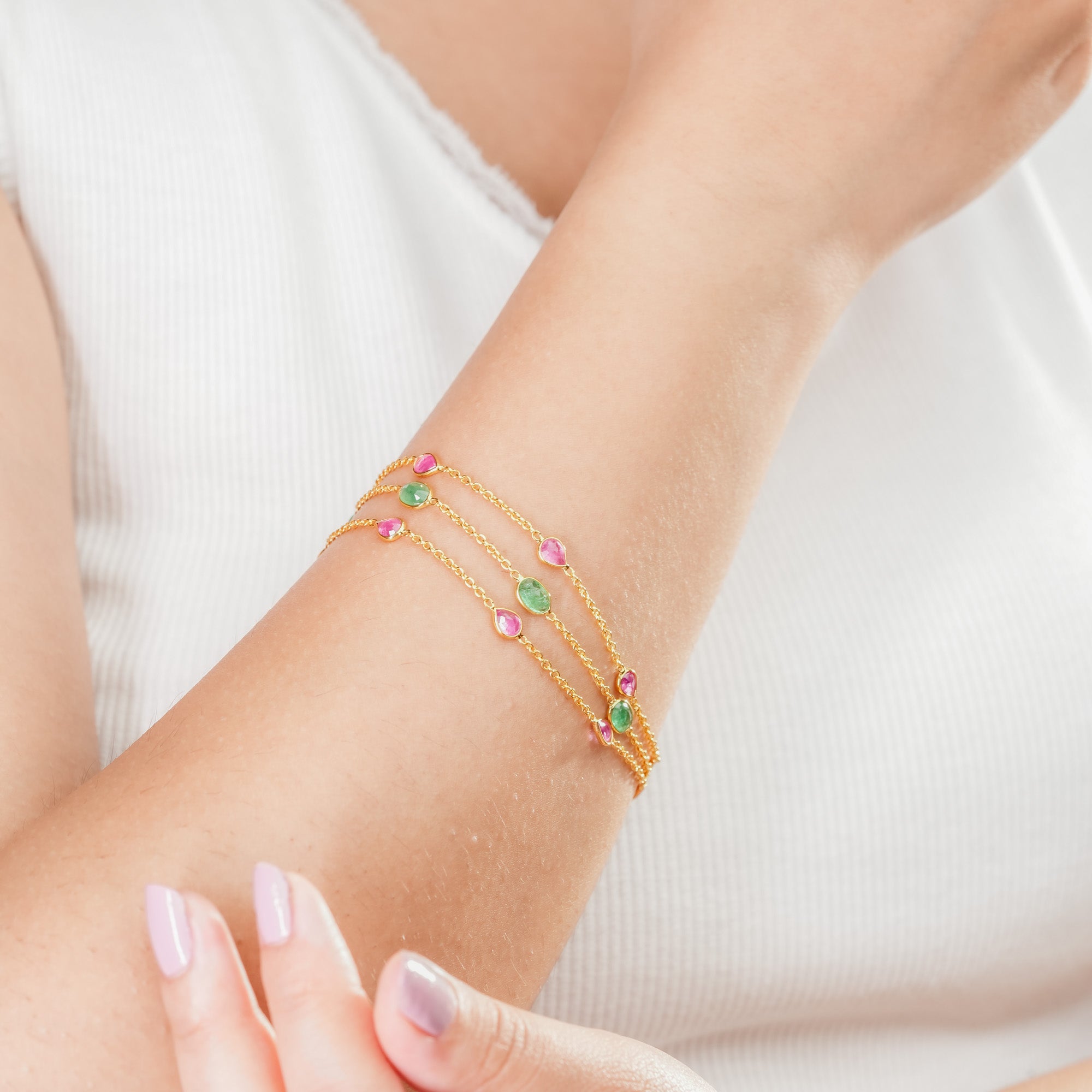 The Royal Trinity Layered Bracelet - Ruby Emerald Three Layer Natural Gemstone 18kt Gold Plated Sterling Silver