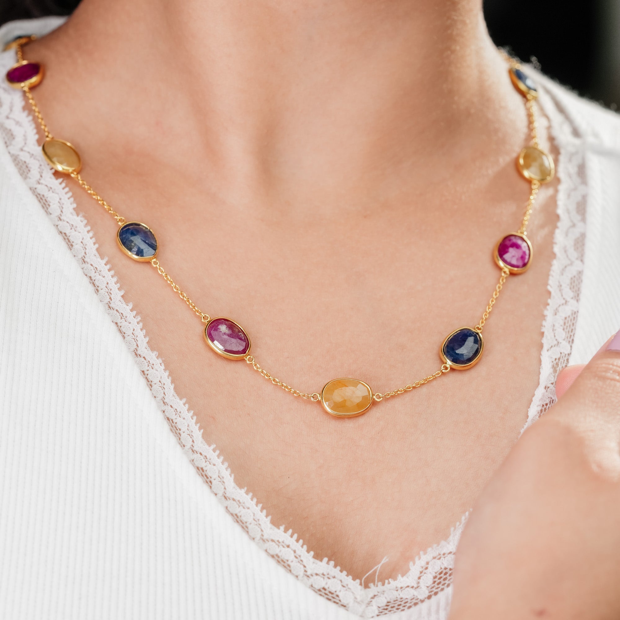 The Trinity Royal Gemstone Chain - Ruby Yellow Sapphire Blue Sapphire 18kt Gold Plated Sterling Silver