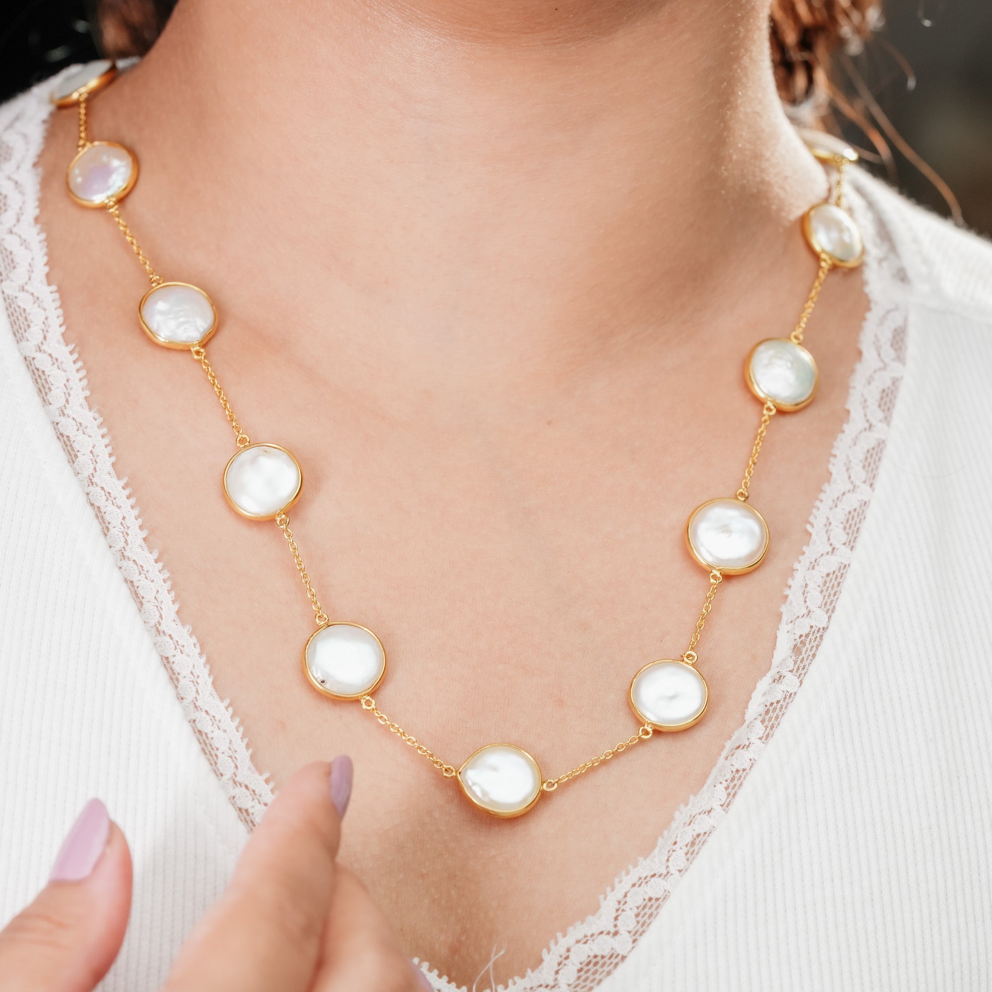 Luxe Freshwater Button Pearl Necklace – Empress Statement Chain Online Shopping – Gold Plated Sterling Silve