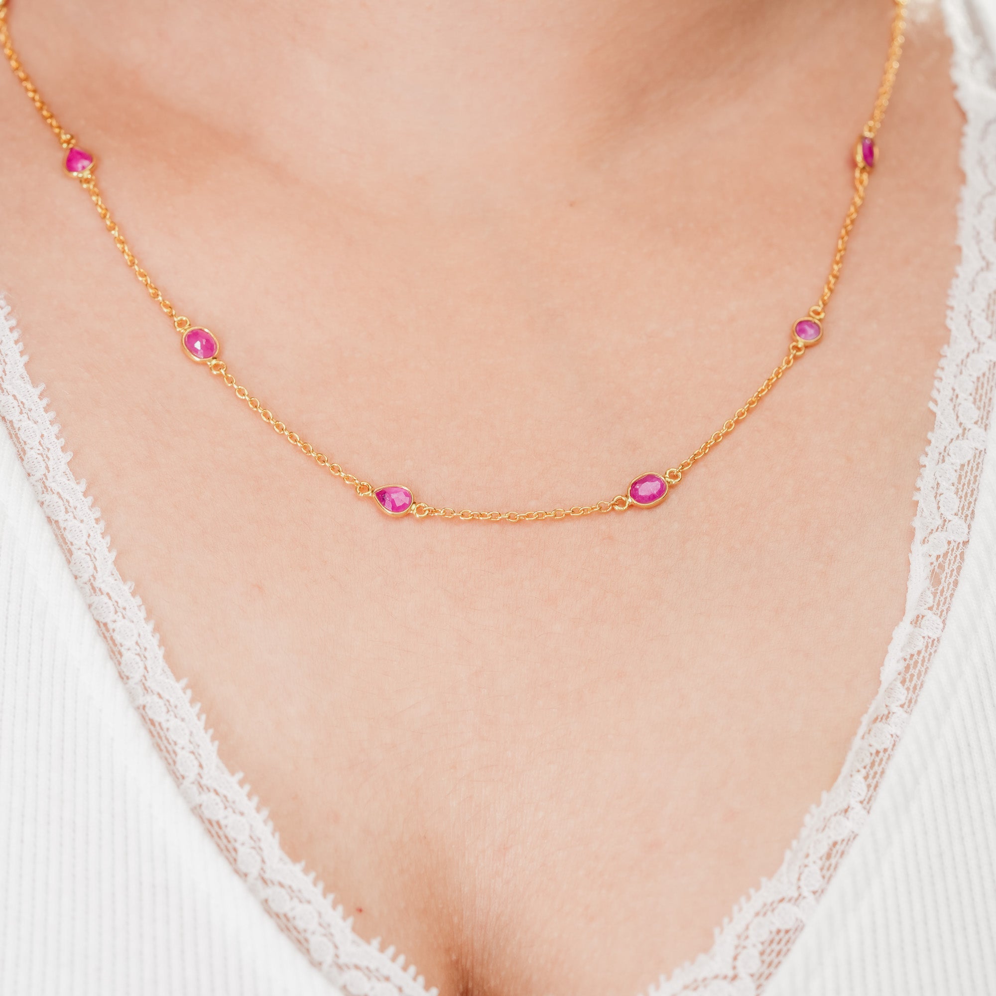 The Ruby Trilogy Chain - Three Cut Collection Slightly Purplish Red 18kt Gold Plated Sterling Silver