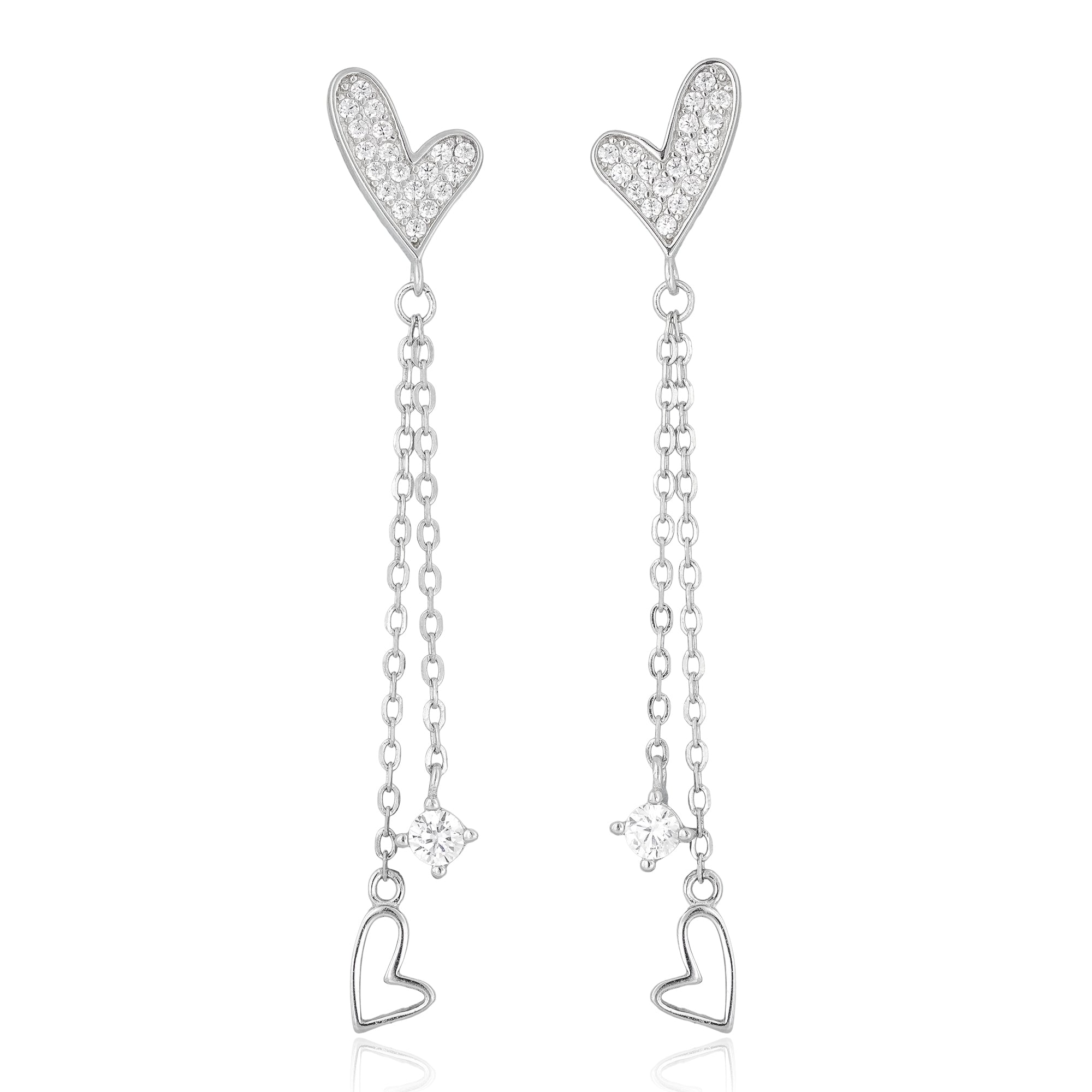  Front view of sterling silver Double Heartfall earrings featuring asymmetrical heart studs, twin chain drops, and open-heart charms with cubic zirconia accents.