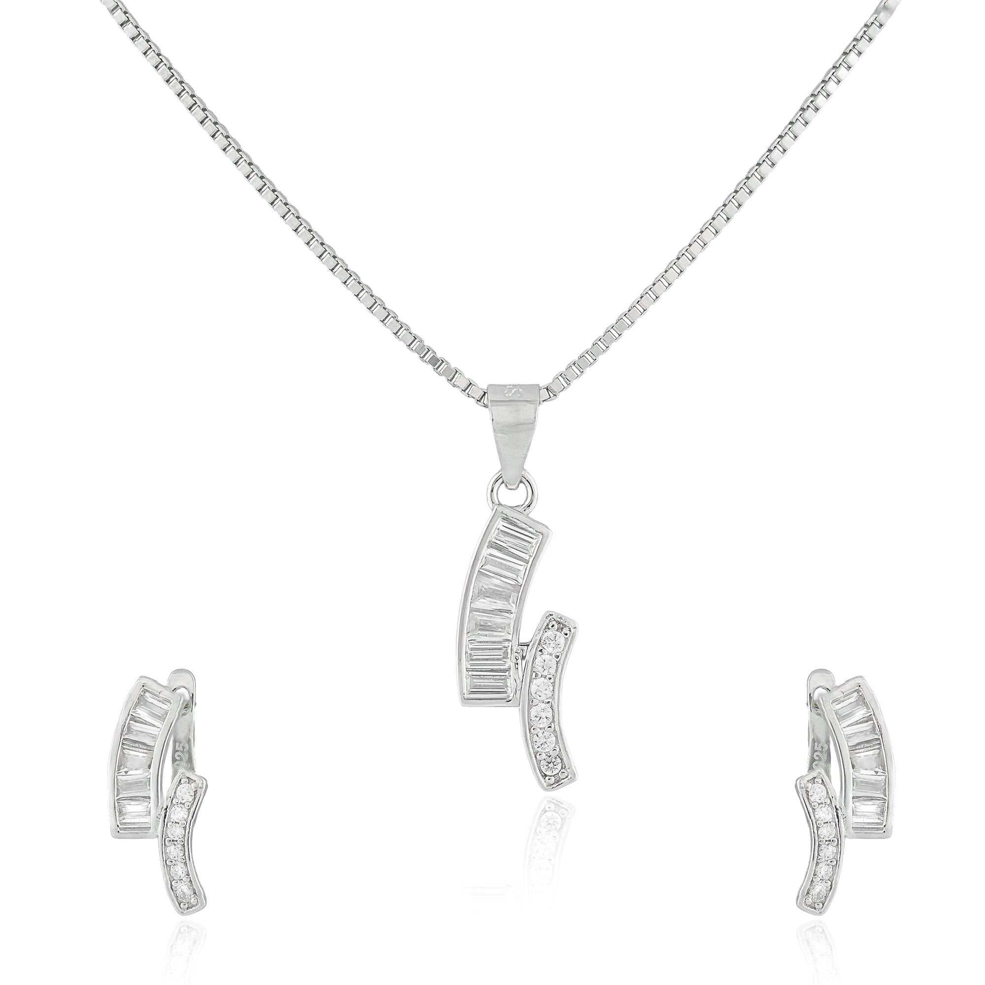 Close-up of the Dual Curve Pendant Necklace featuring dual arched bars with baguette and round-cut stones on a sleek silver chain.