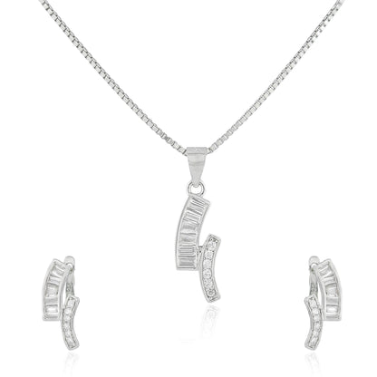 Close-up of the Dual Curve Pendant Necklace featuring dual arched bars with baguette and round-cut stones on a sleek silver chain.