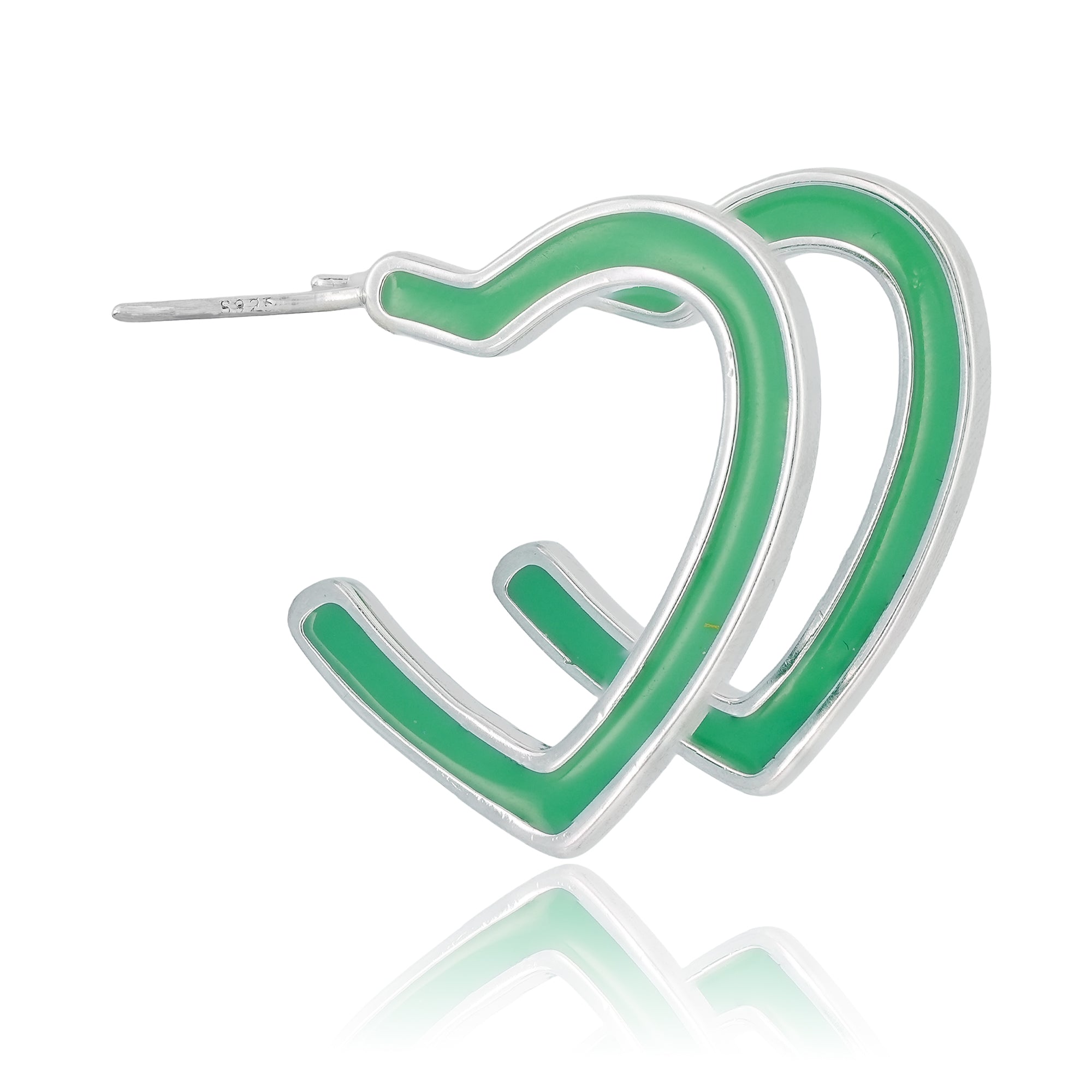 Close-up of Electric Enamel Heart Hoop Earrings featuring open heart-shaped hoops with glossy green enamel on a polished silver-toned base.

