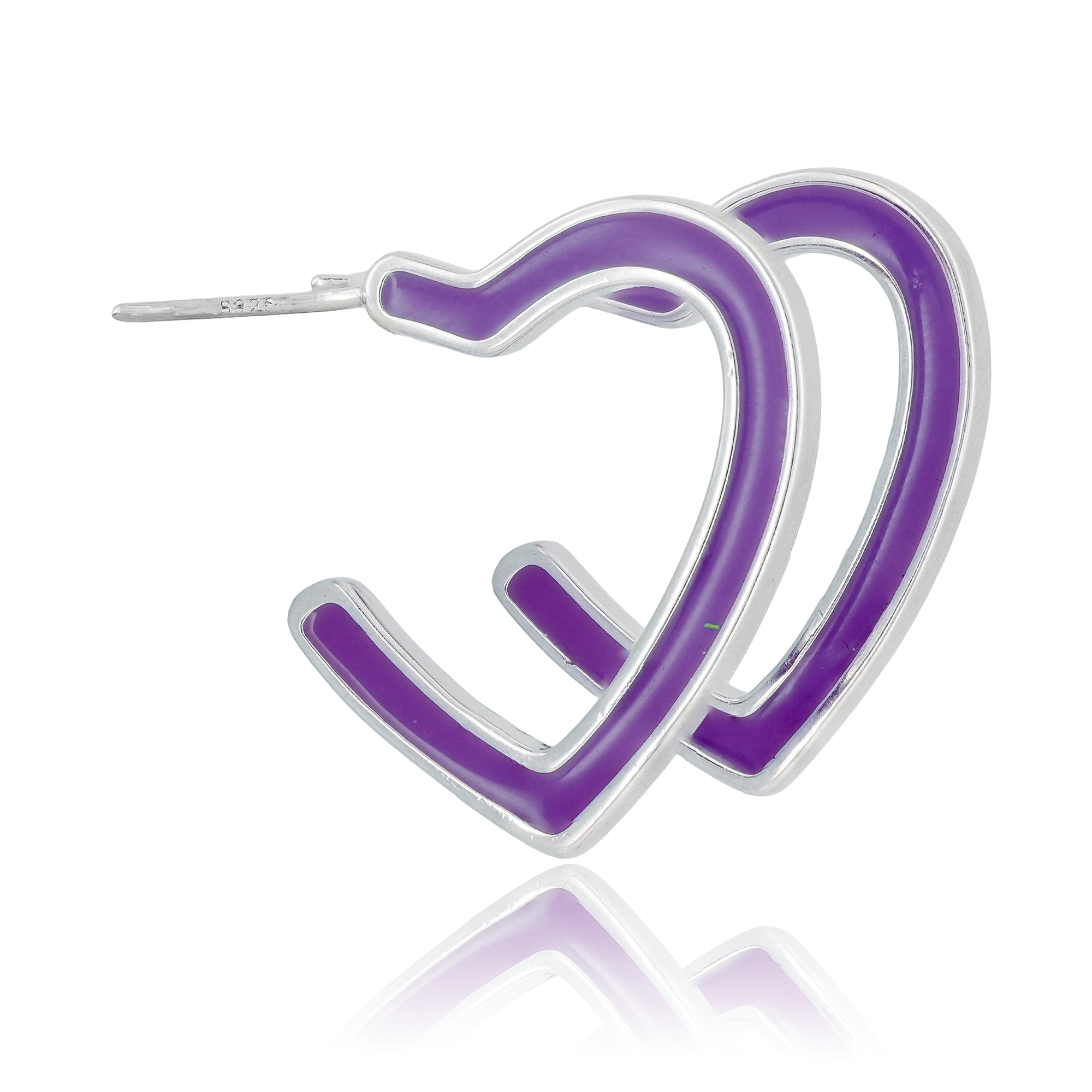 Close-up of Electric Enamel Heart Hoop Earrings featuring open heart-shaped hoops with glossy purple enamel on a polished silver-toned base.

