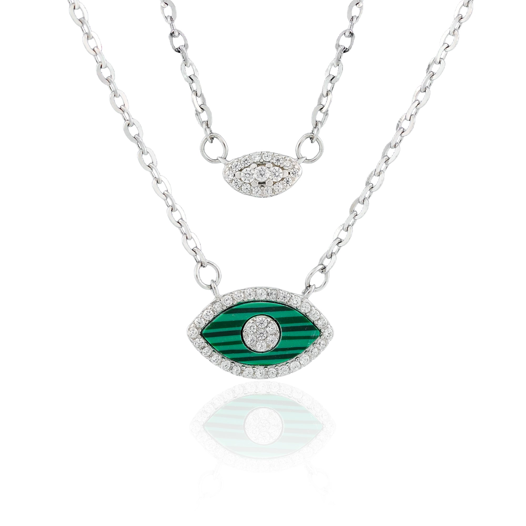  Close-up of the Emerald Marquise Layered Necklace featuring a two-layer sterling silver chain with solitaire and marquise-shaped green enamel pendants.